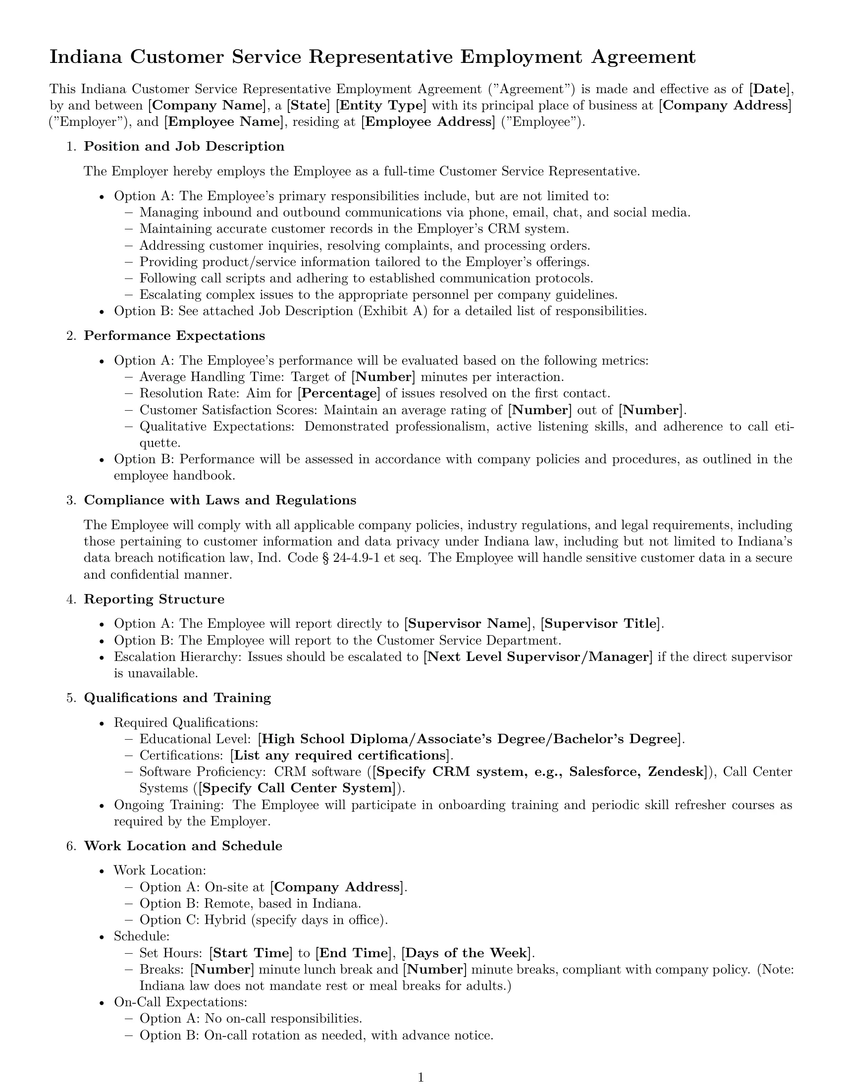 Preview page 1 of Free Indiana customer service representative employment contract template