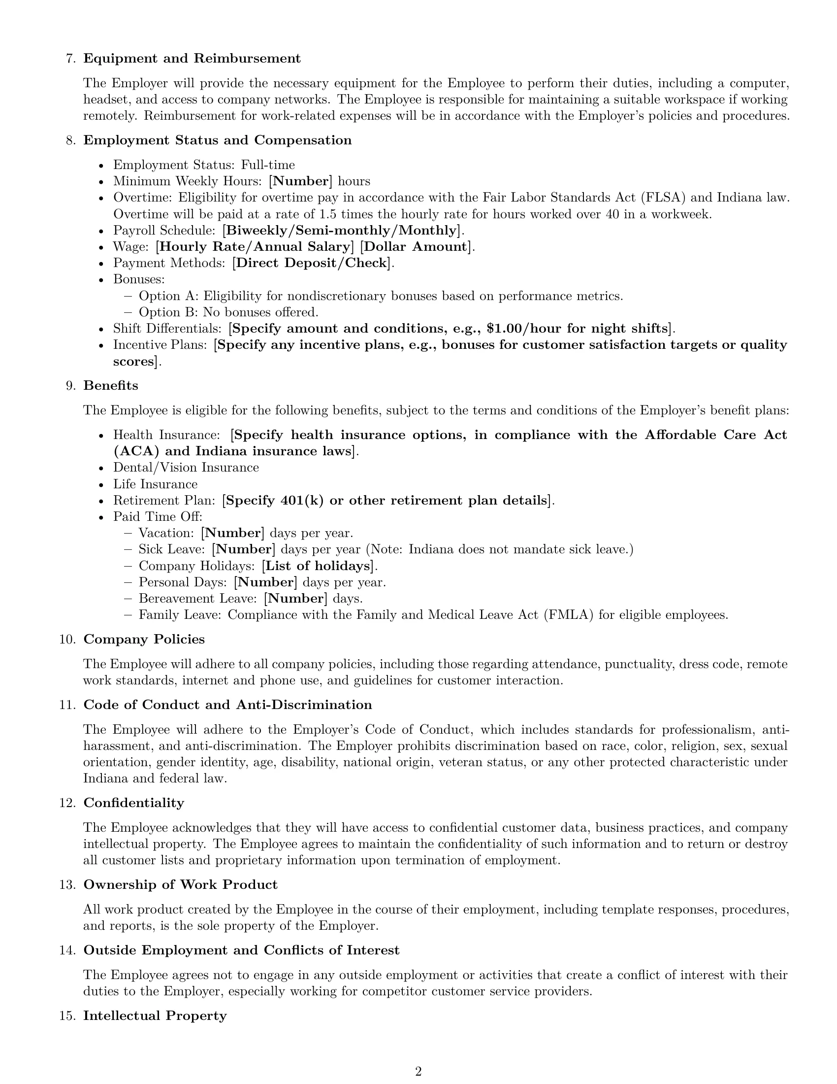Preview page 2 of Free Indiana customer service representative employment contract template