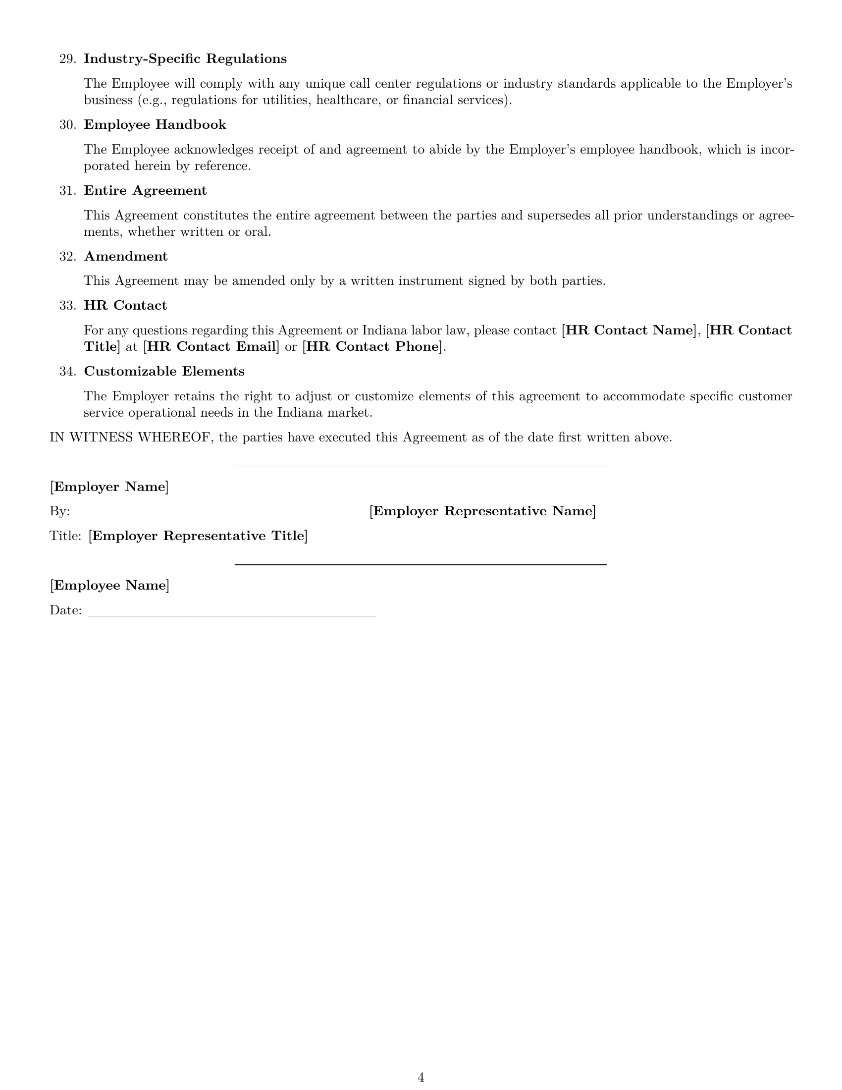 Preview page 4 of Free Indiana customer service representative employment contract template