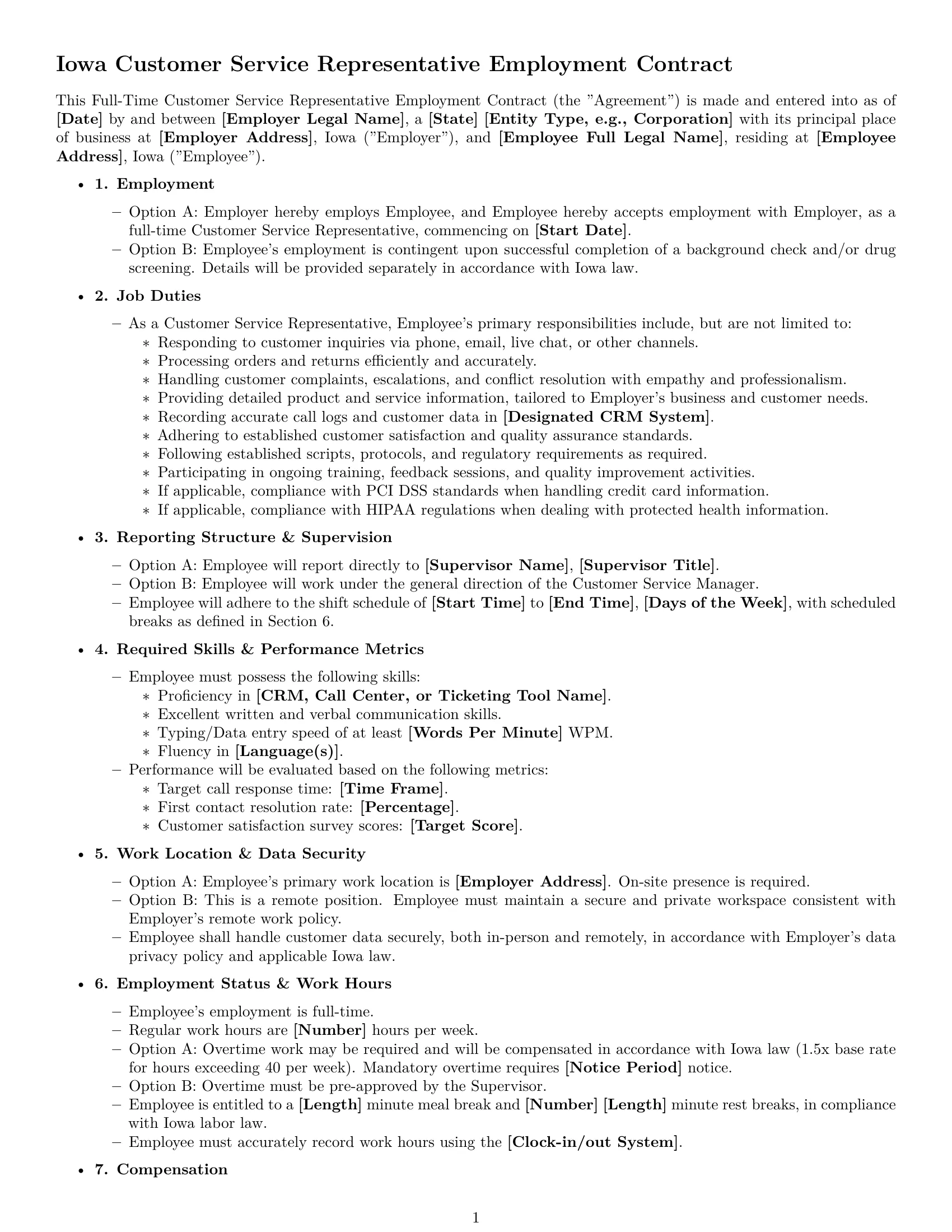 Preview page 1 of Free Iowa customer service representative employment contract template
