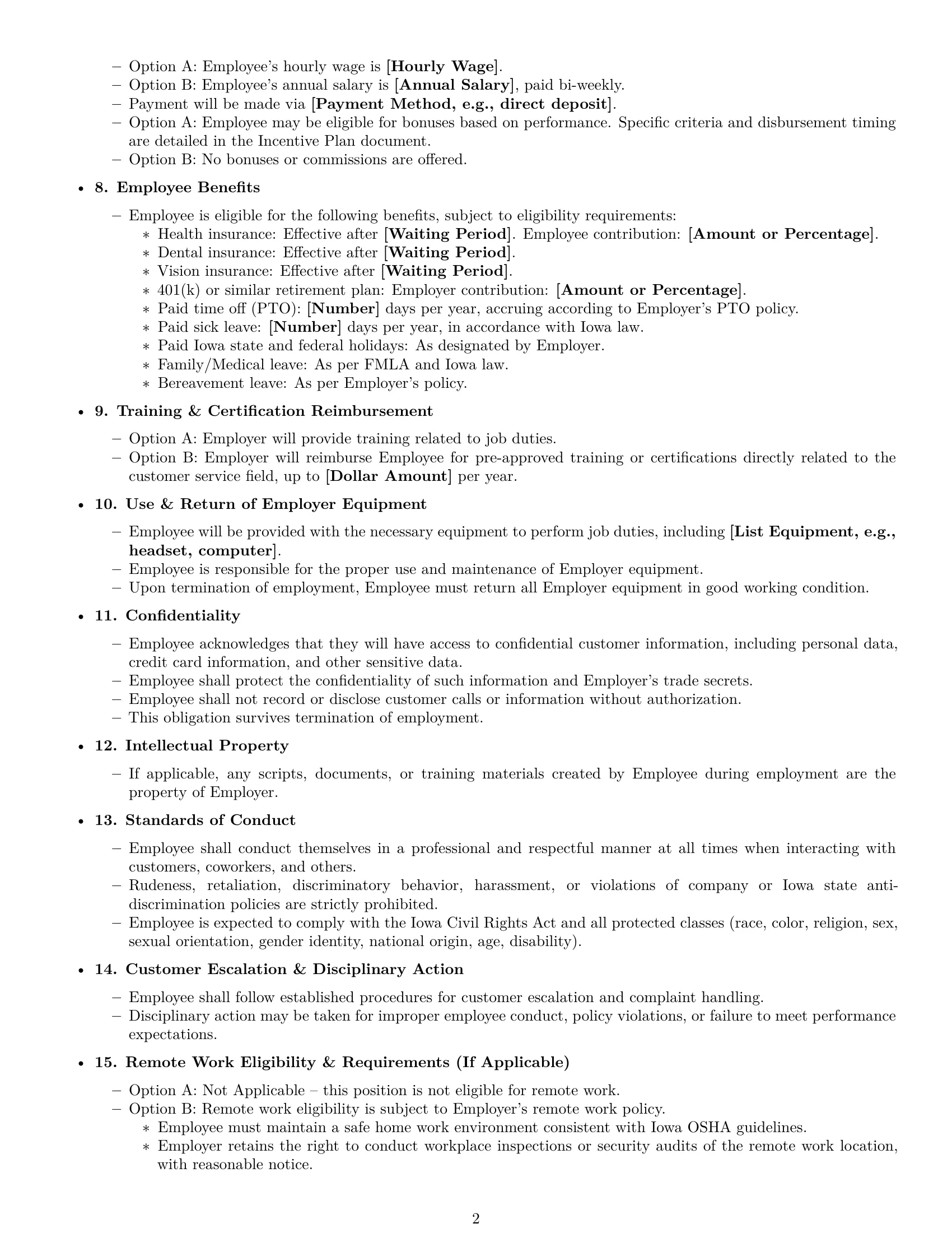 Preview page 2 of Free Iowa customer service representative employment contract template