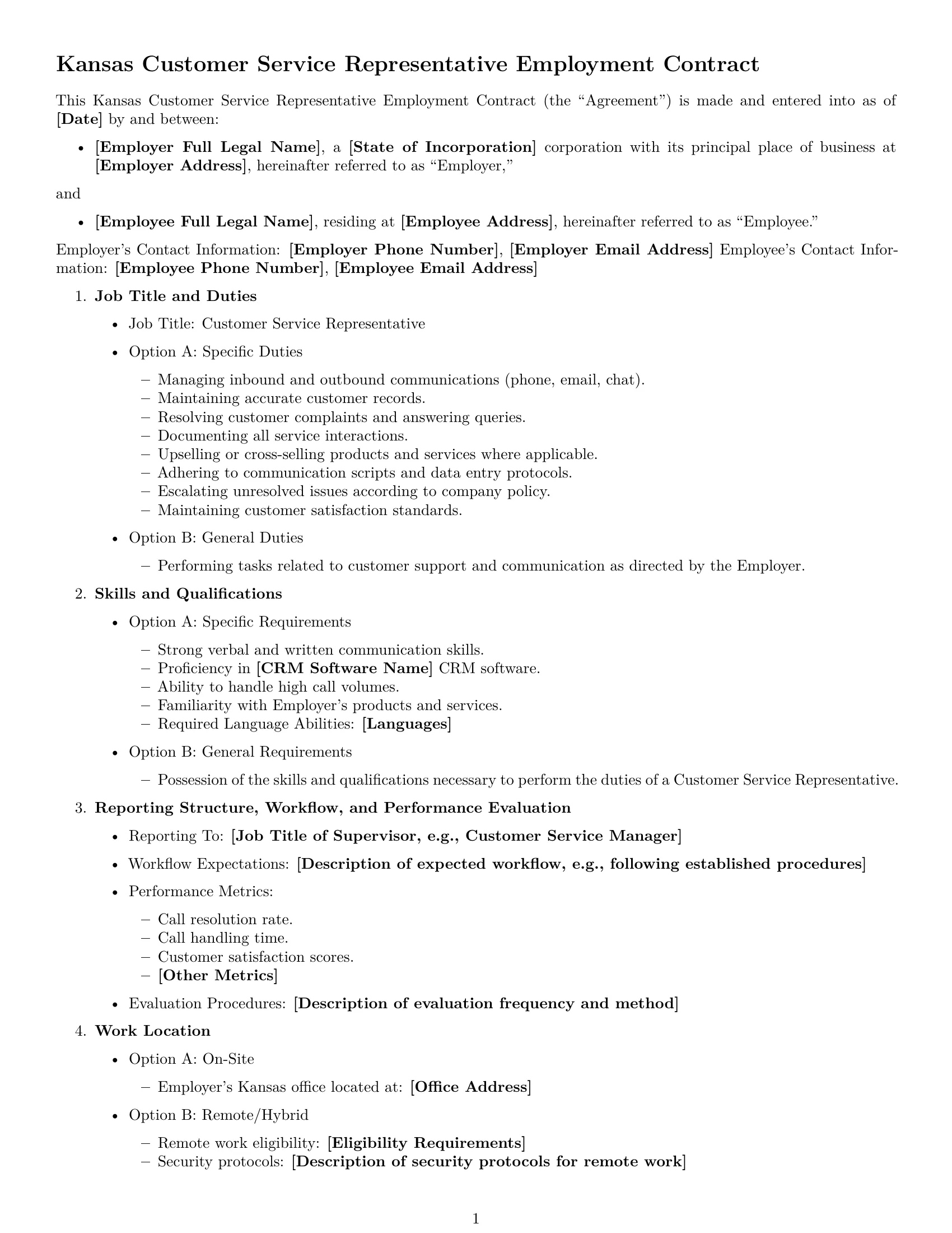Preview page 1 of Free Kansas customer service representative employment contract template