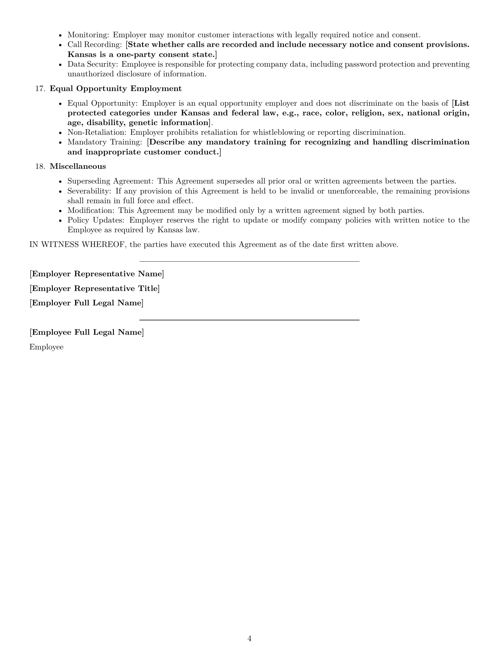 Preview page 4 of Free Kansas customer service representative employment contract template