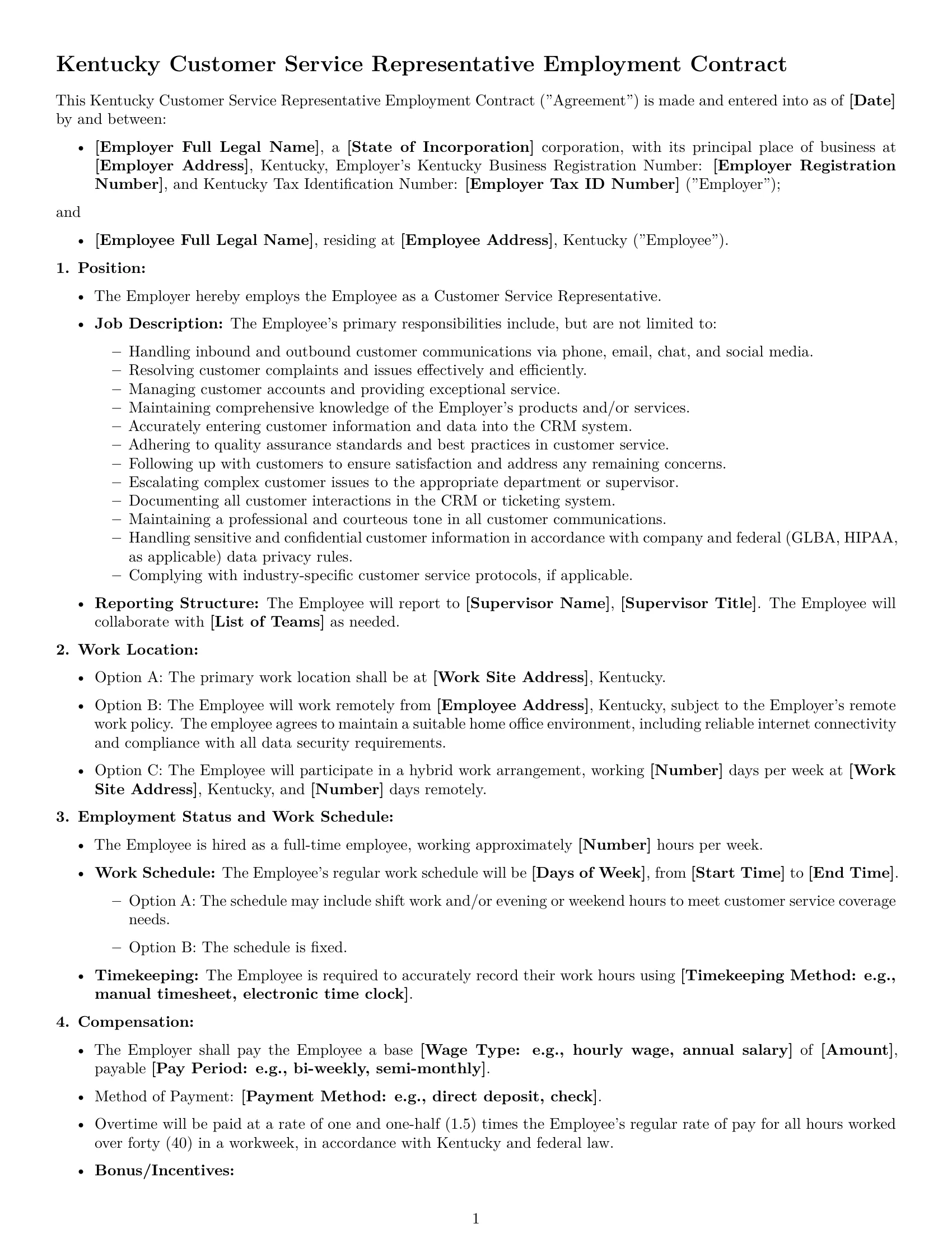 Preview page 1 of Free Kentucky customer service representative employment contract template