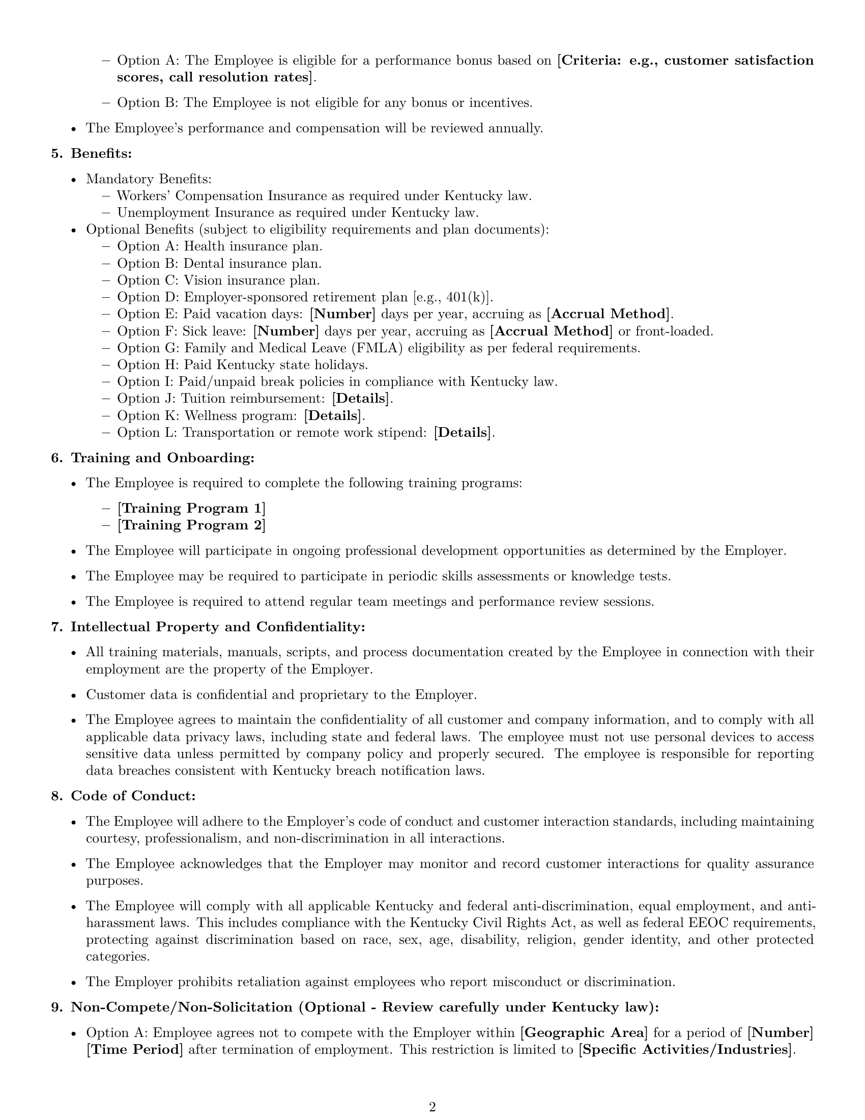 Preview page 2 of Free Kentucky customer service representative employment contract template
