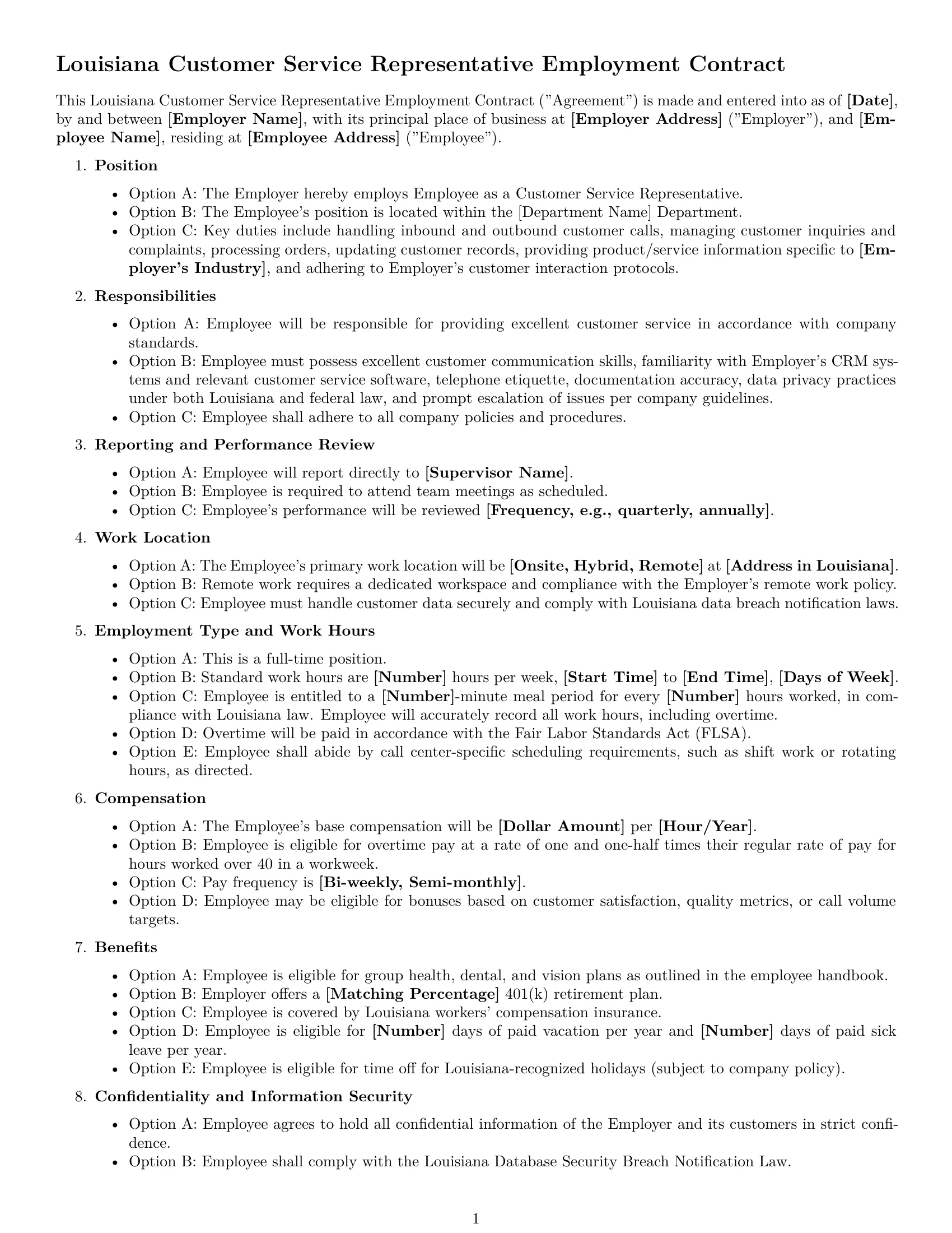 Preview page 1 of Free Louisiana customer service representative employment contract template