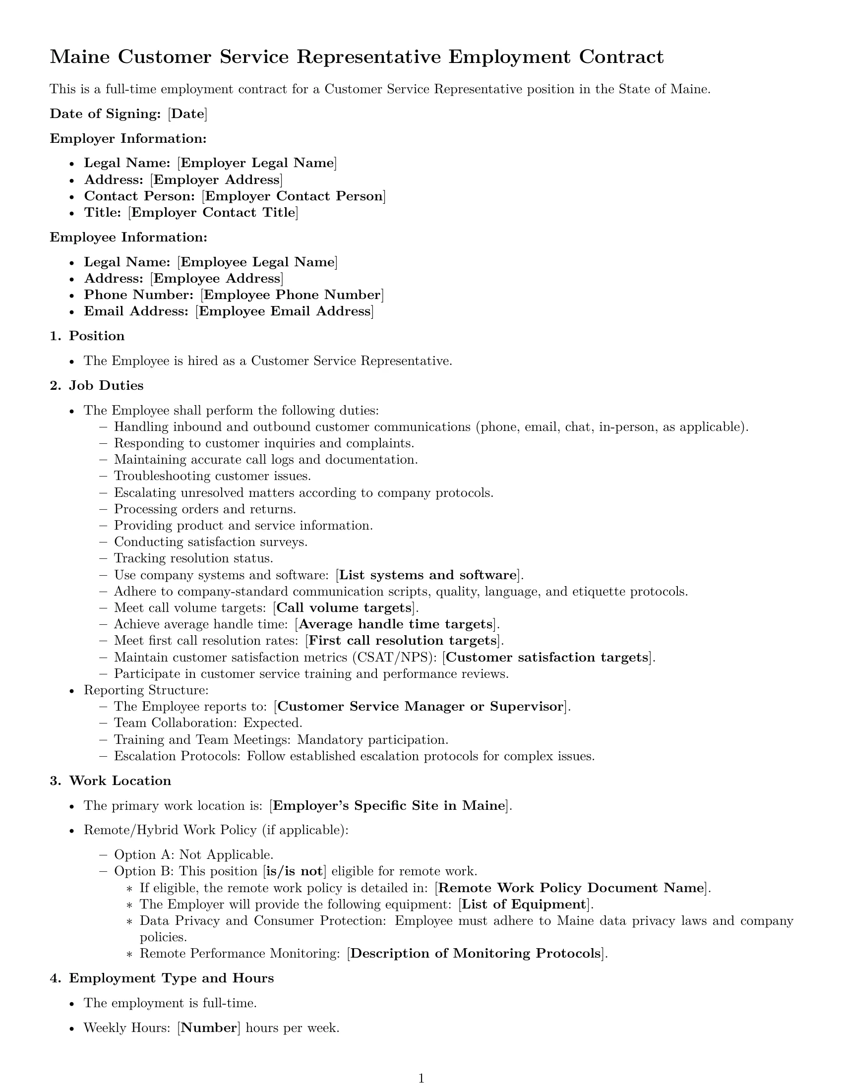 Preview page 1 of Free Maine customer service representative employment contract template