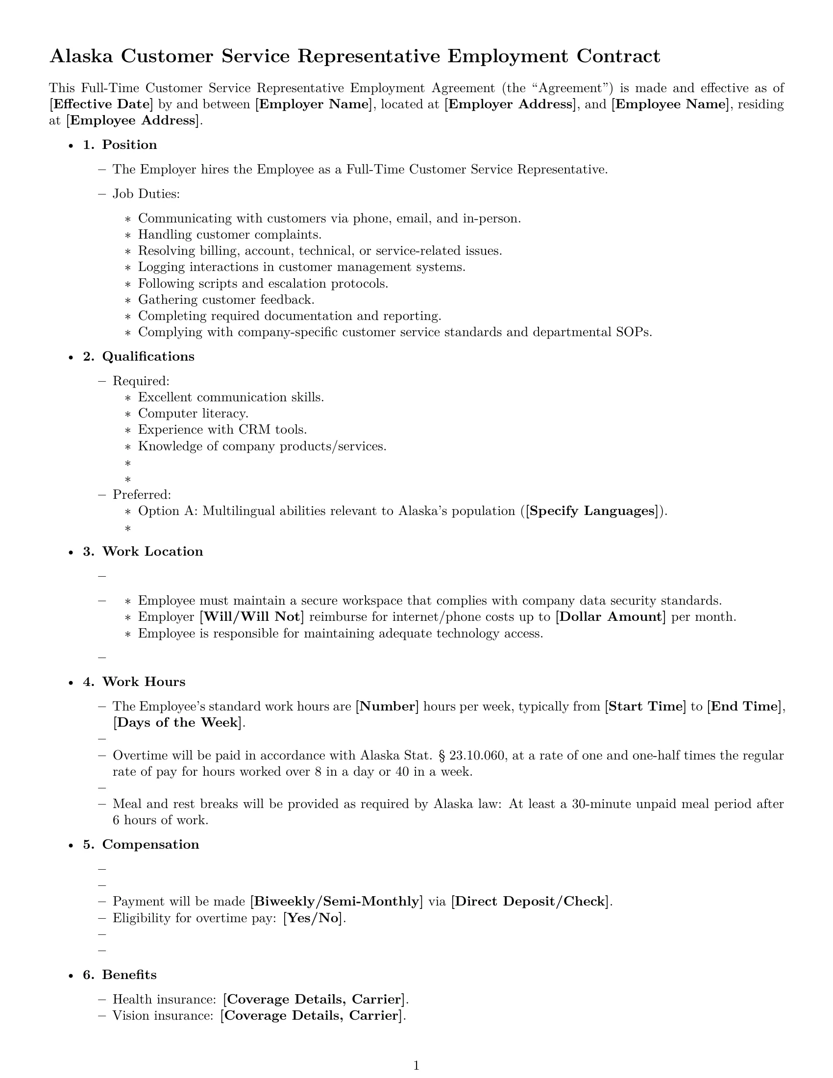 Preview page 1 of Free Alaska customer service representative employment contract template