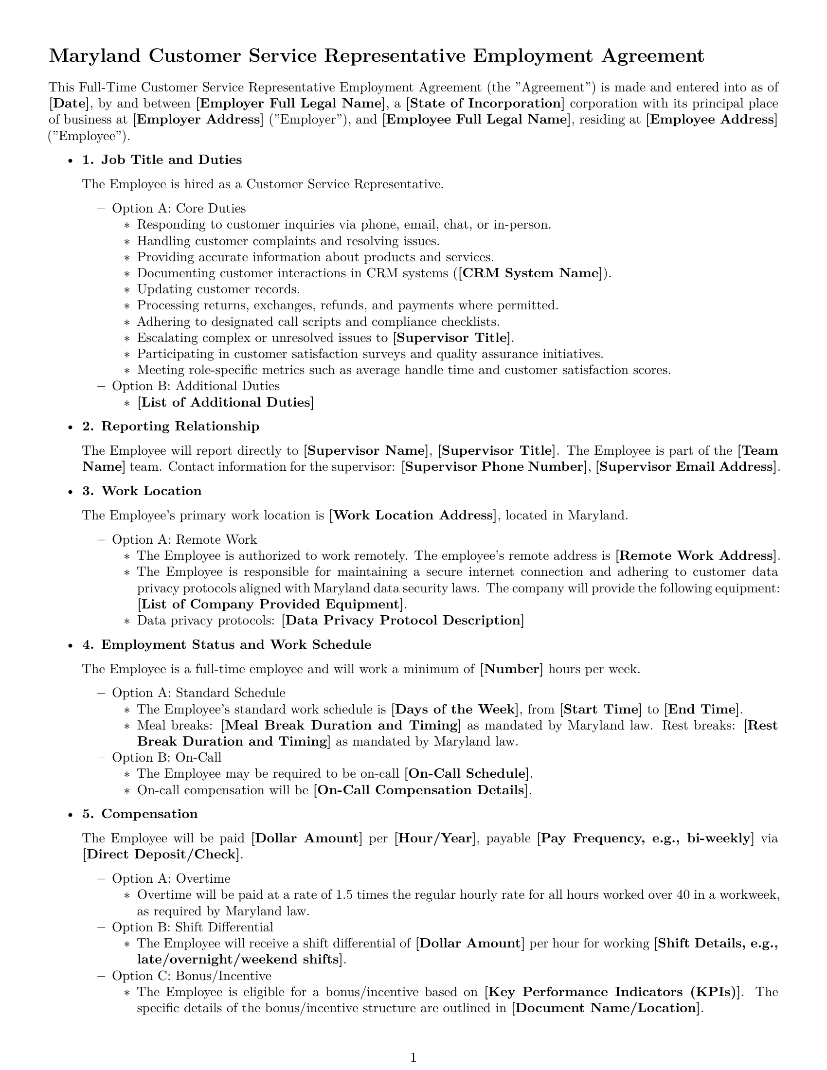 Preview page 1 of Free Maryland customer service representative employment contract template