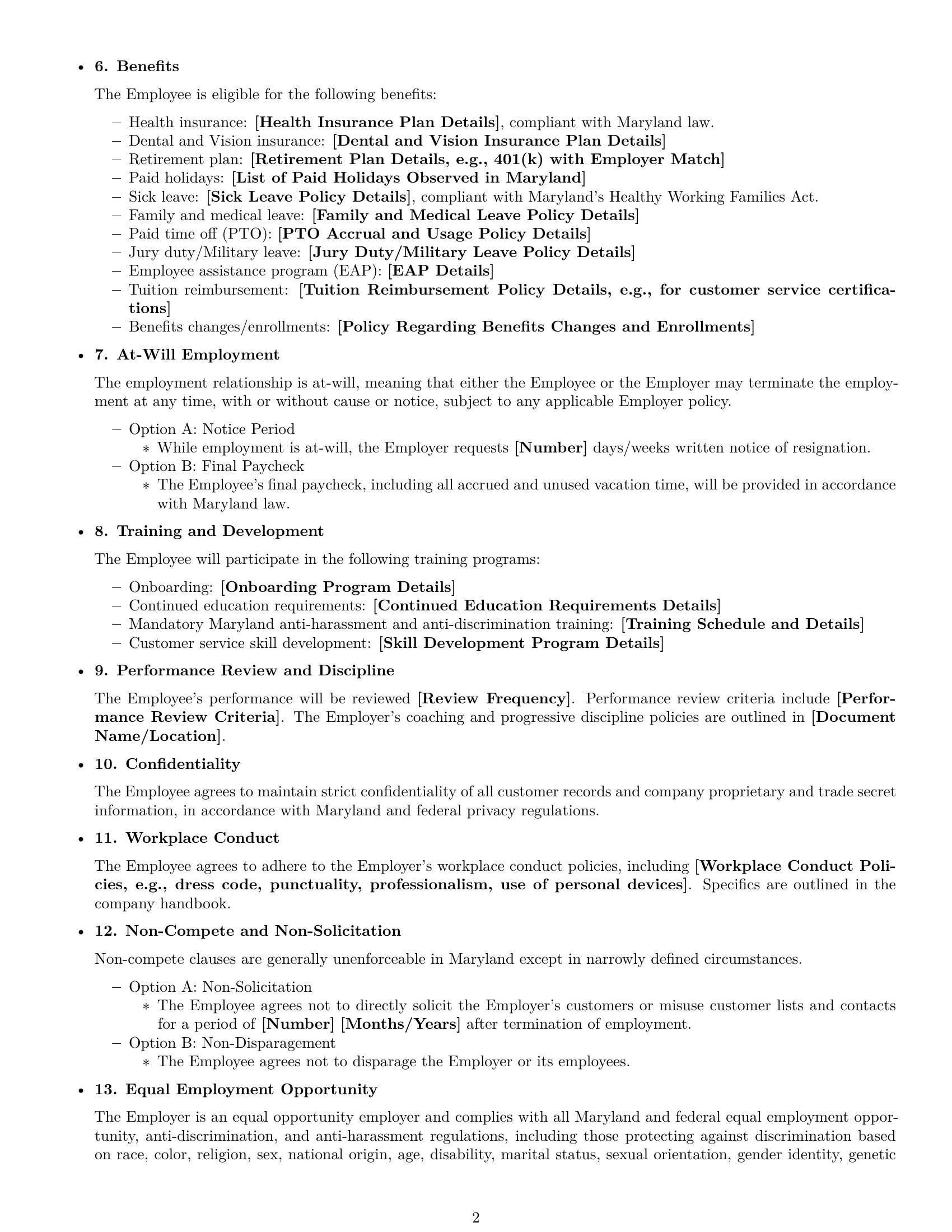 Preview page 2 of Free Maryland customer service representative employment contract template