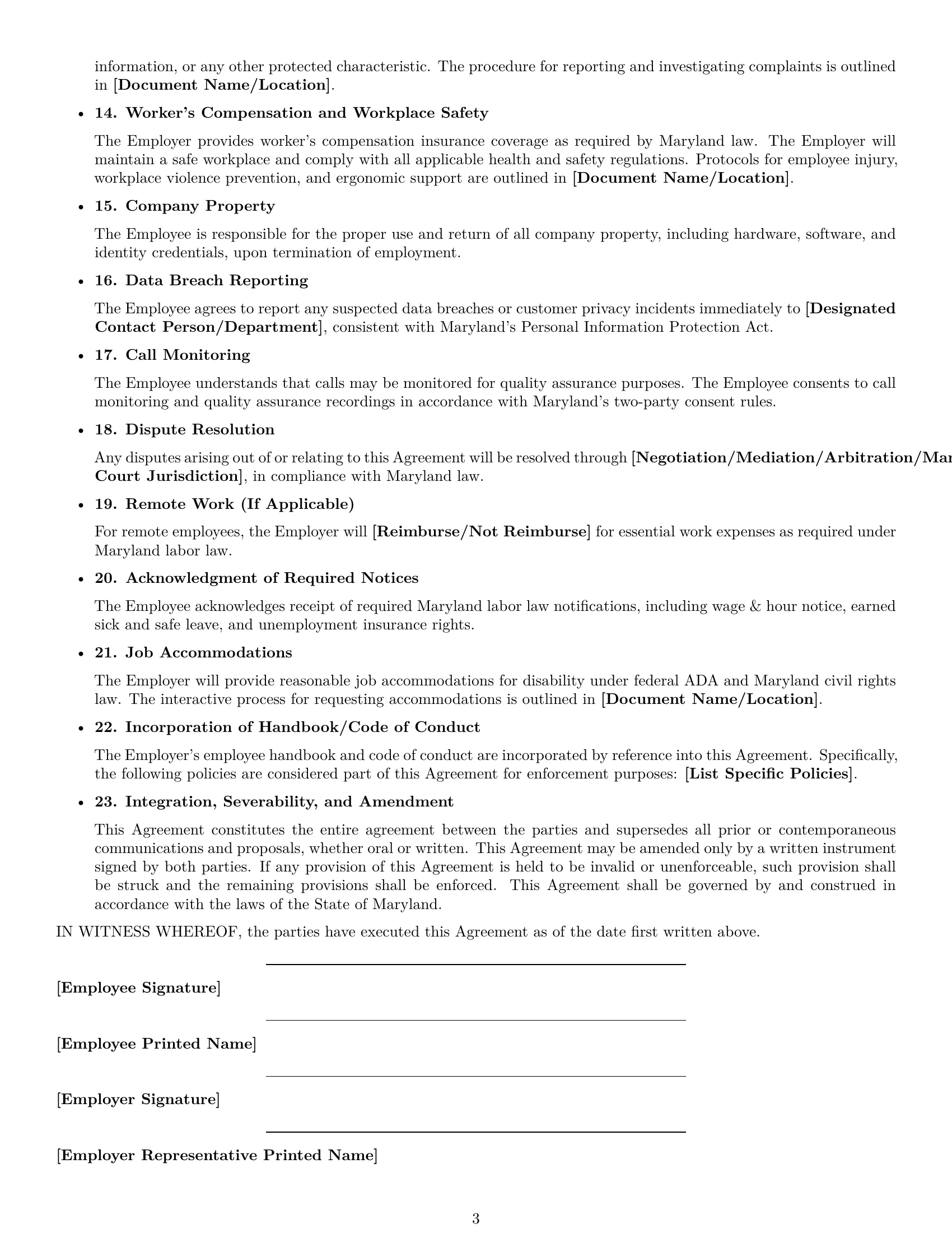 Preview page 3 of Free Maryland customer service representative employment contract template