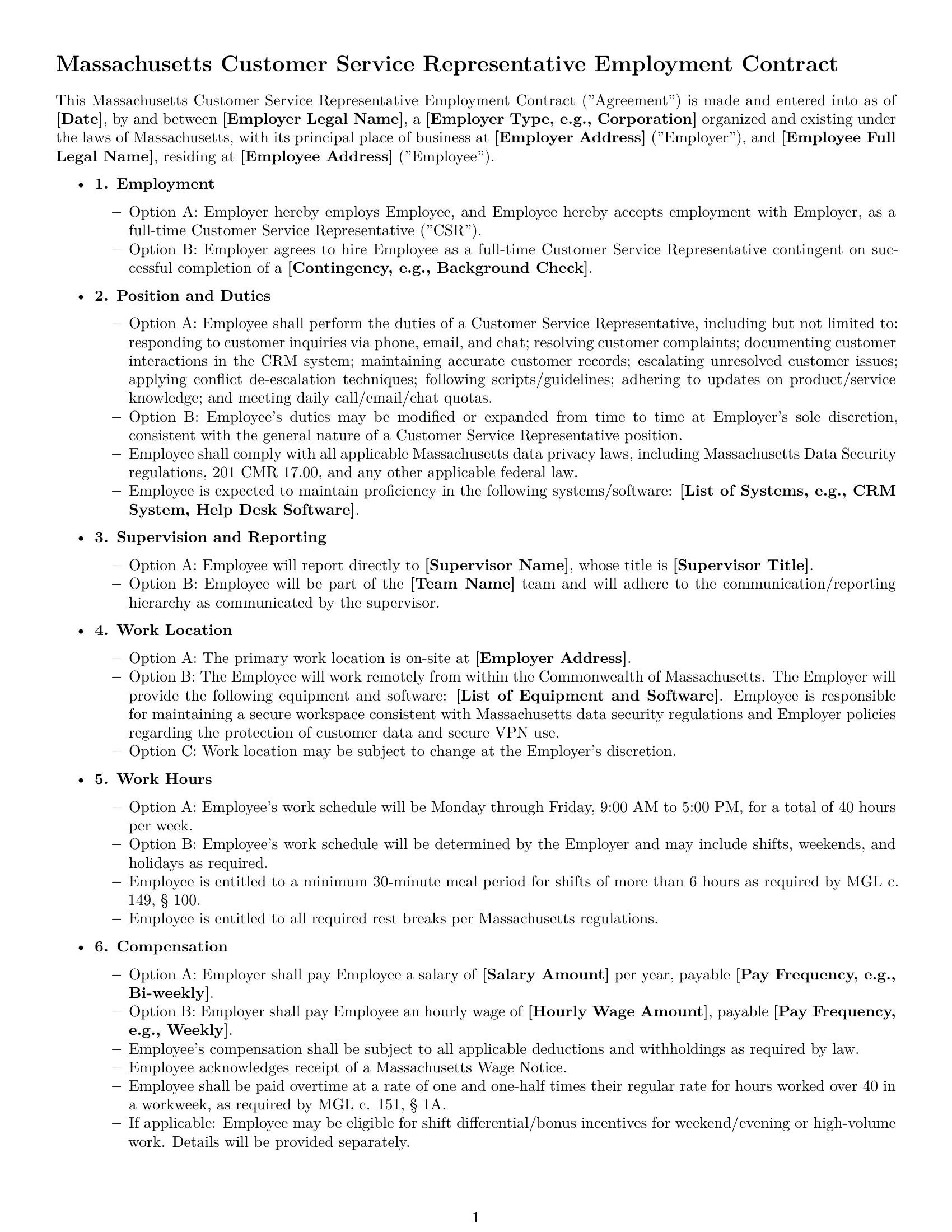 Preview page 1 of Free Massachusetts customer service representative employment contract template