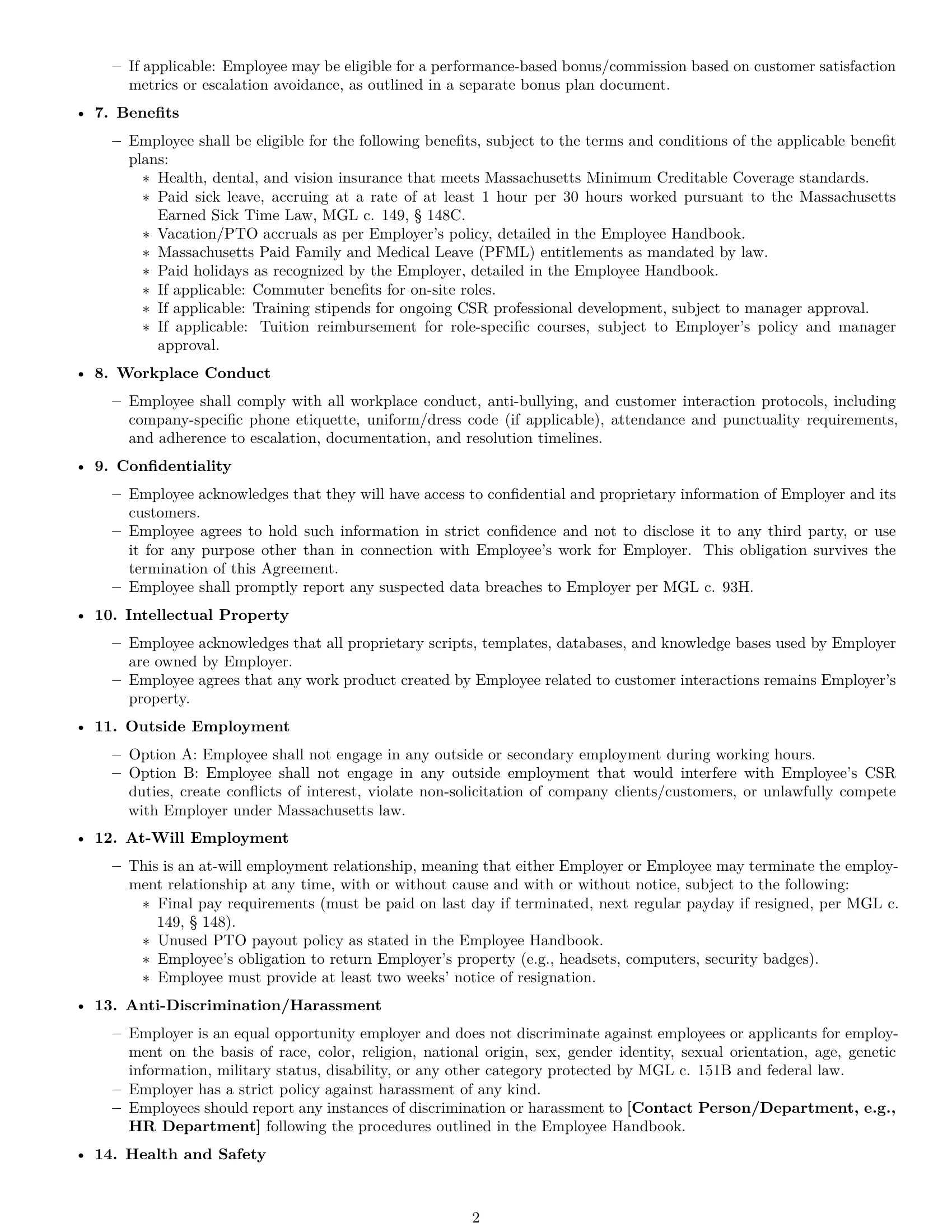 Preview page 2 of Free Massachusetts customer service representative employment contract template