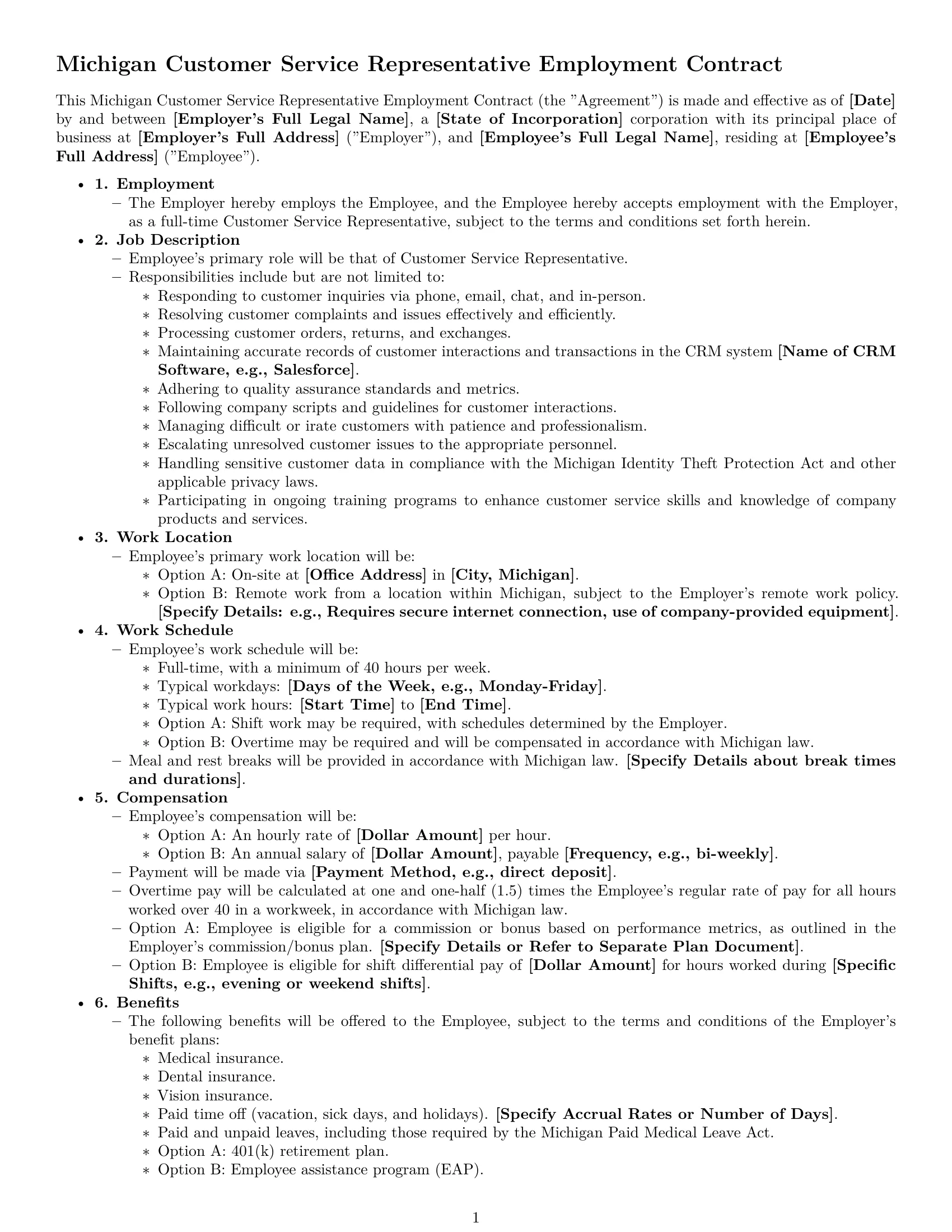 Preview page 1 of Free Michigan customer service representative employment contract template