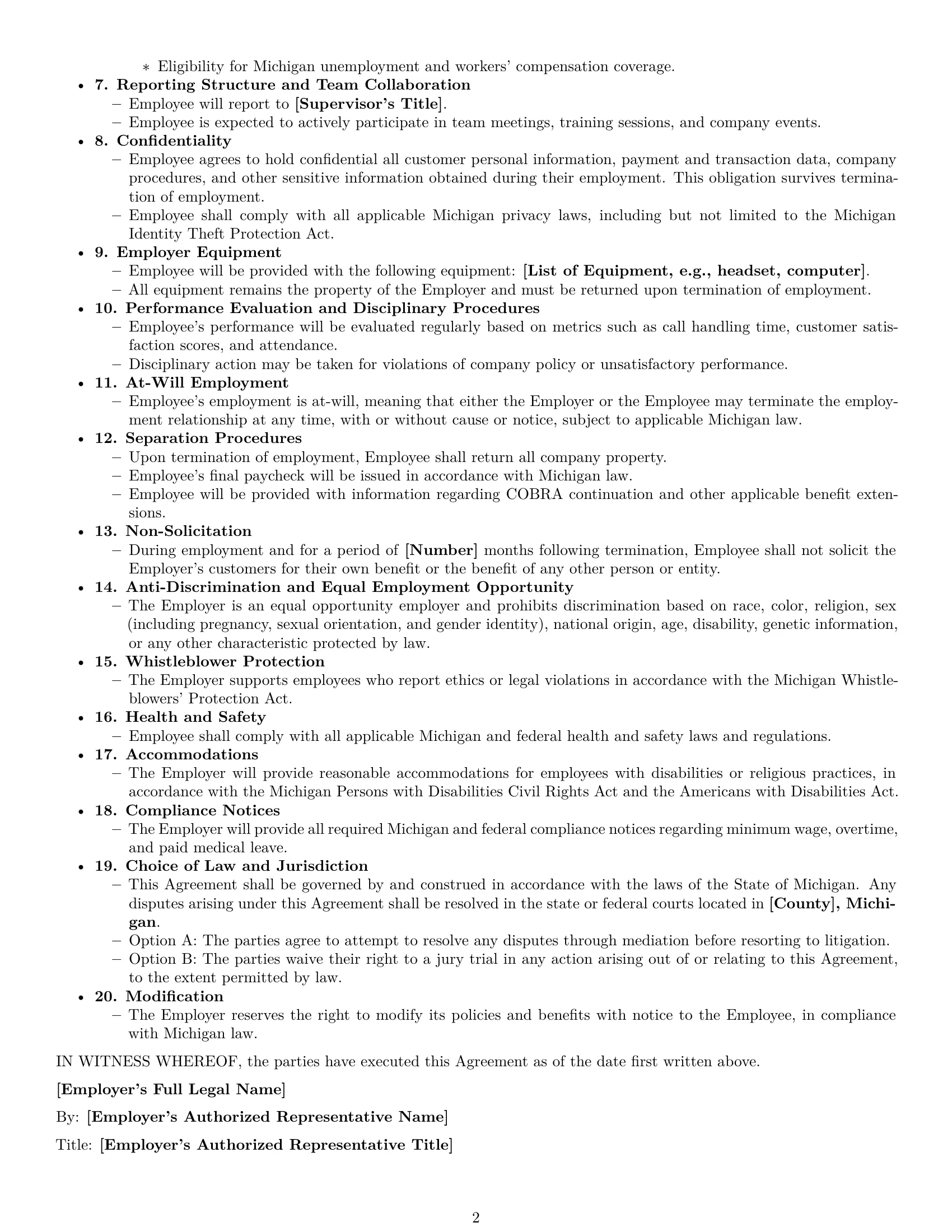 Preview page 2 of Free Michigan customer service representative employment contract template