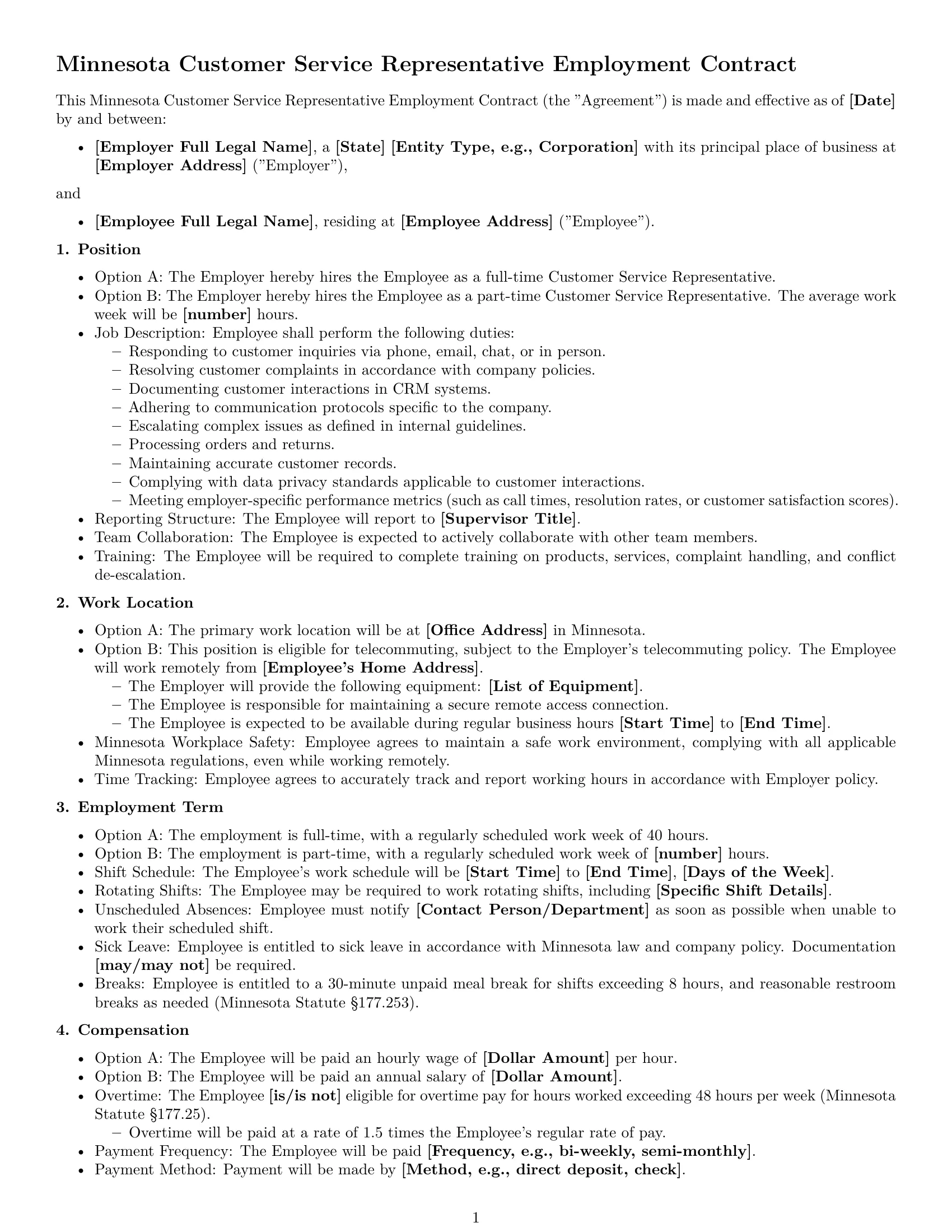 Preview page 1 of Free Minnesota customer service representative employment contract template