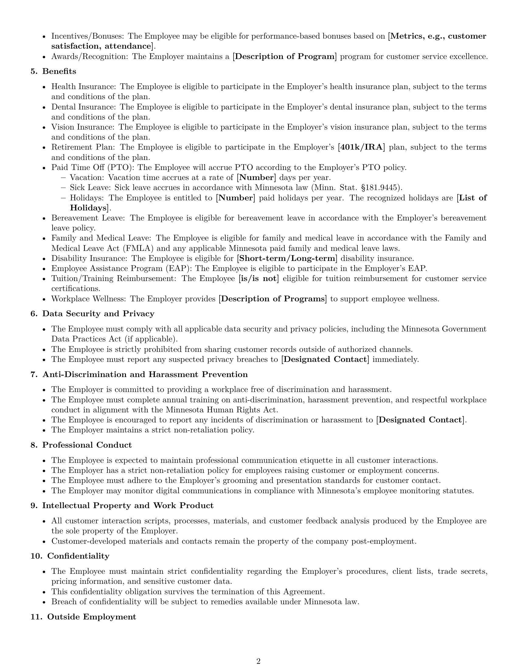 Preview page 2 of Free Minnesota customer service representative employment contract template