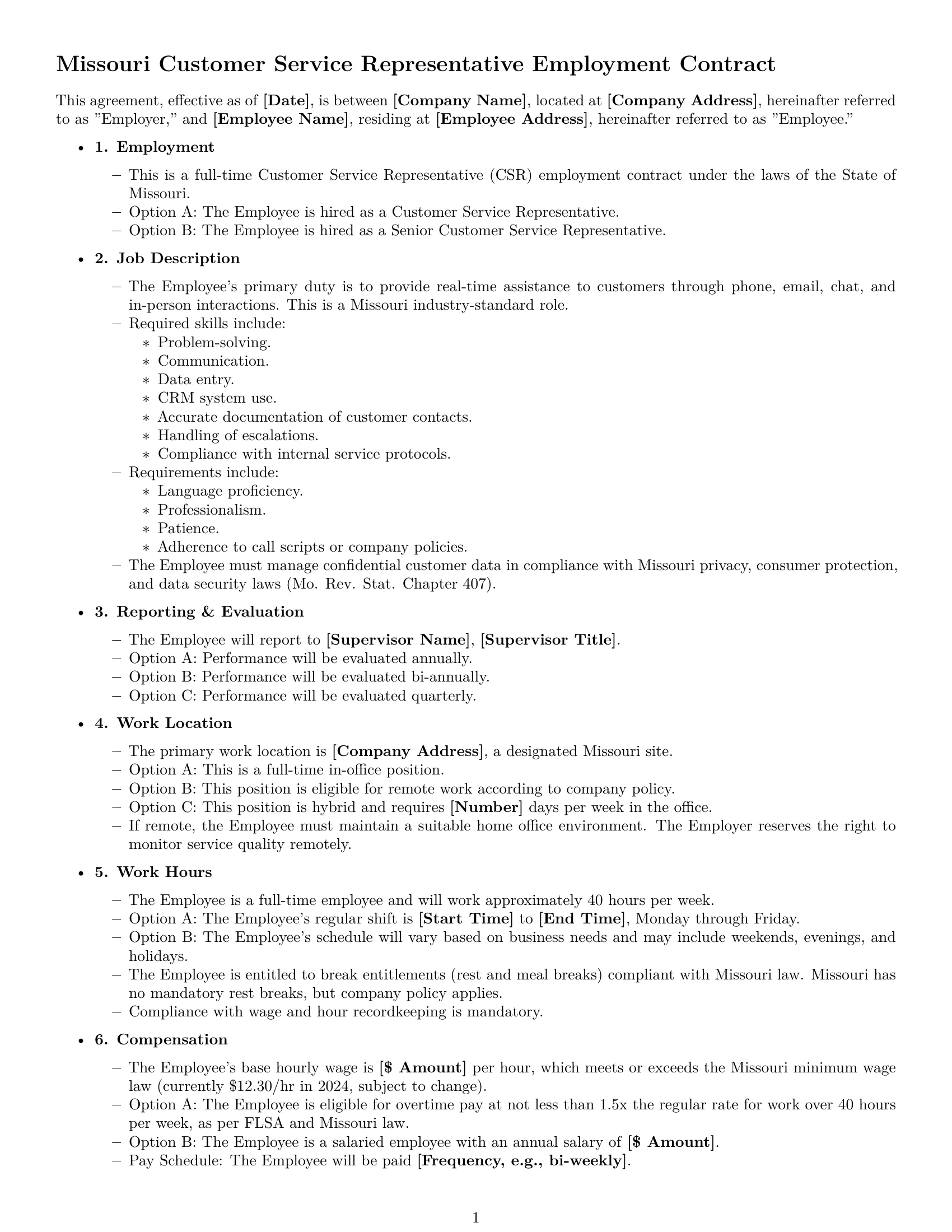 Preview page 1 of Free Missouri customer service representative employment contract template