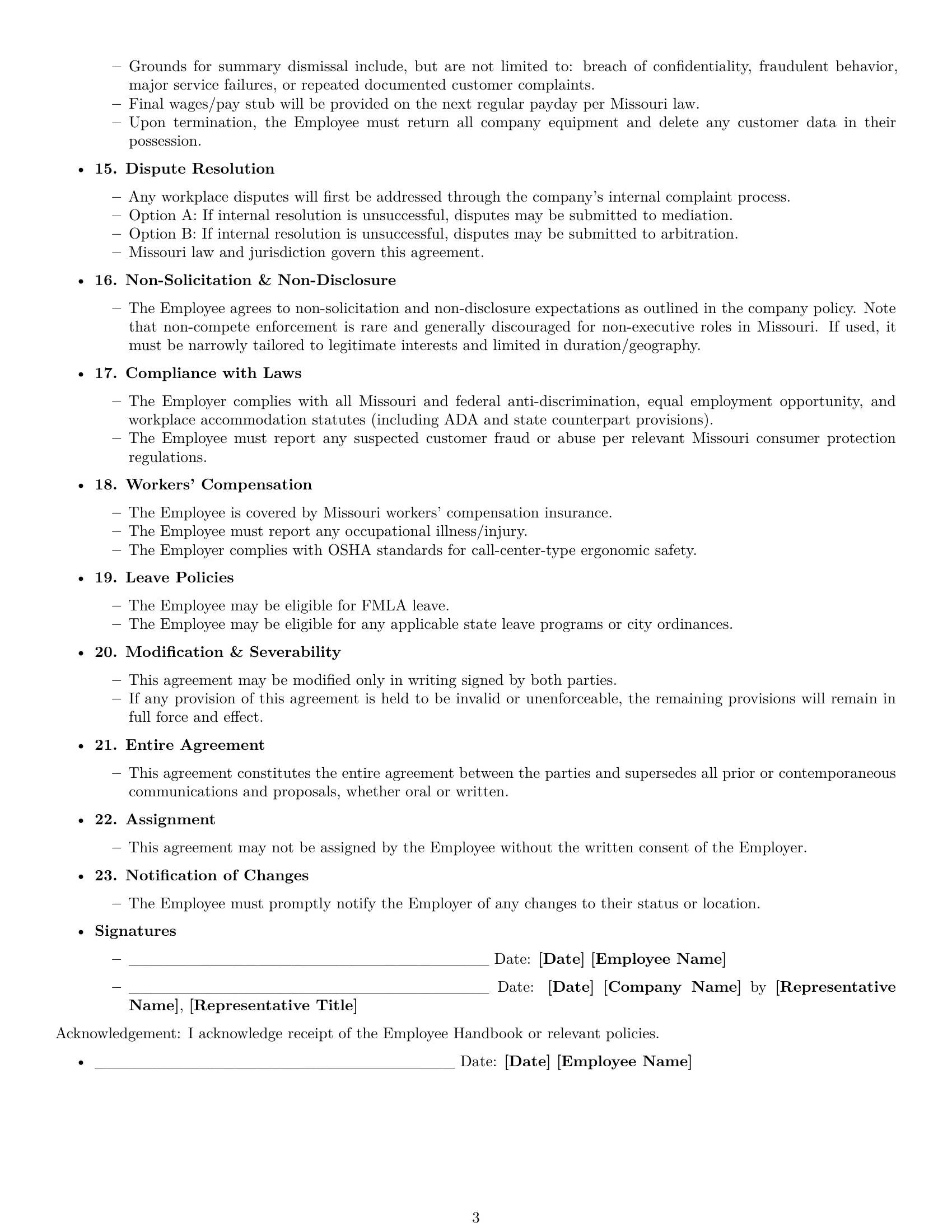 Preview page 3 of Free Missouri customer service representative employment contract template