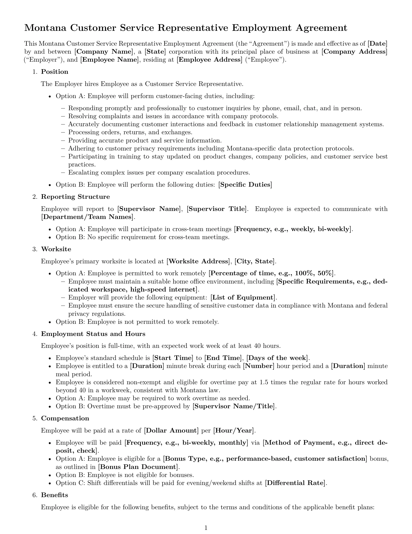 Preview page 1 of Free Montana customer service representative employment contract template