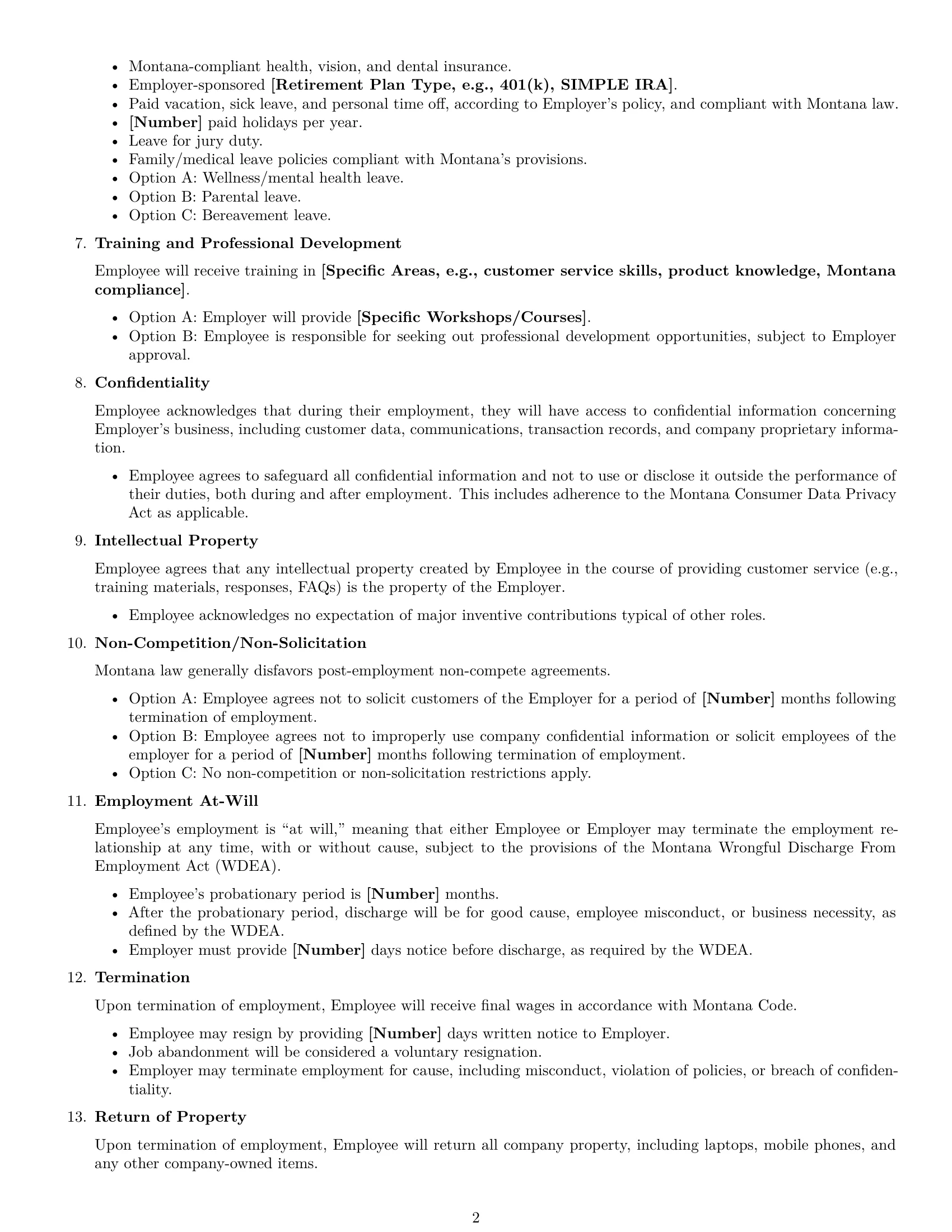 Preview page 2 of Free Montana customer service representative employment contract template