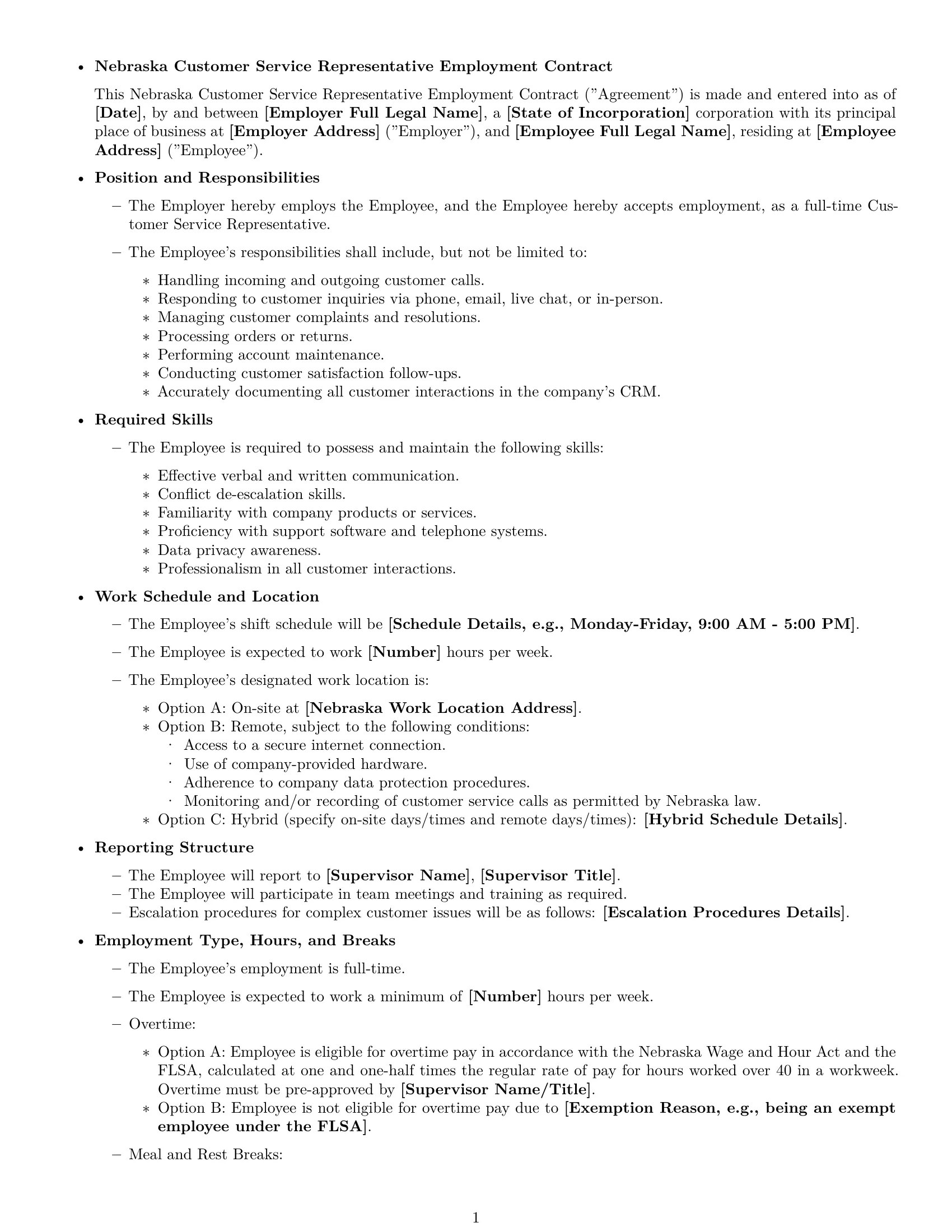 Preview page 1 of Free Nebraska customer service representative employment contract template