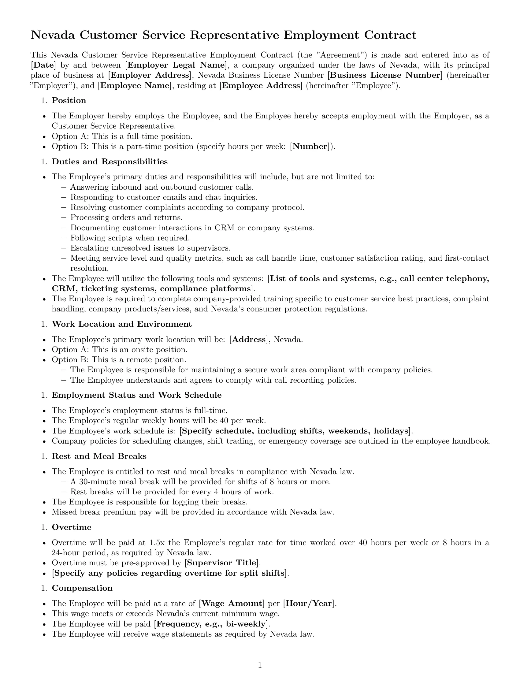 Preview page 1 of Free Nevada customer service representative employment contract template