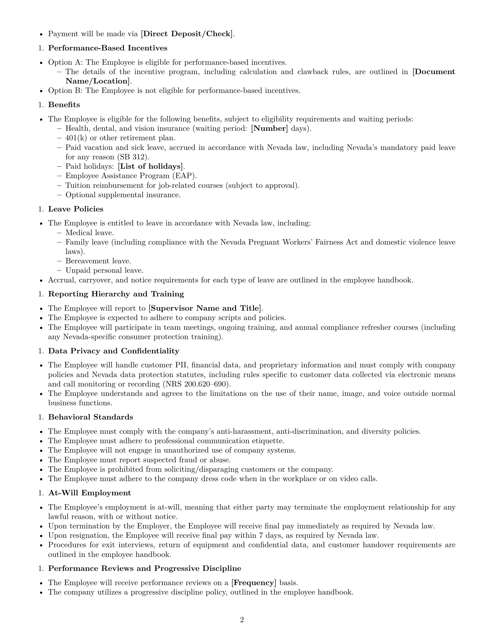 Preview page 2 of Free Nevada customer service representative employment contract template