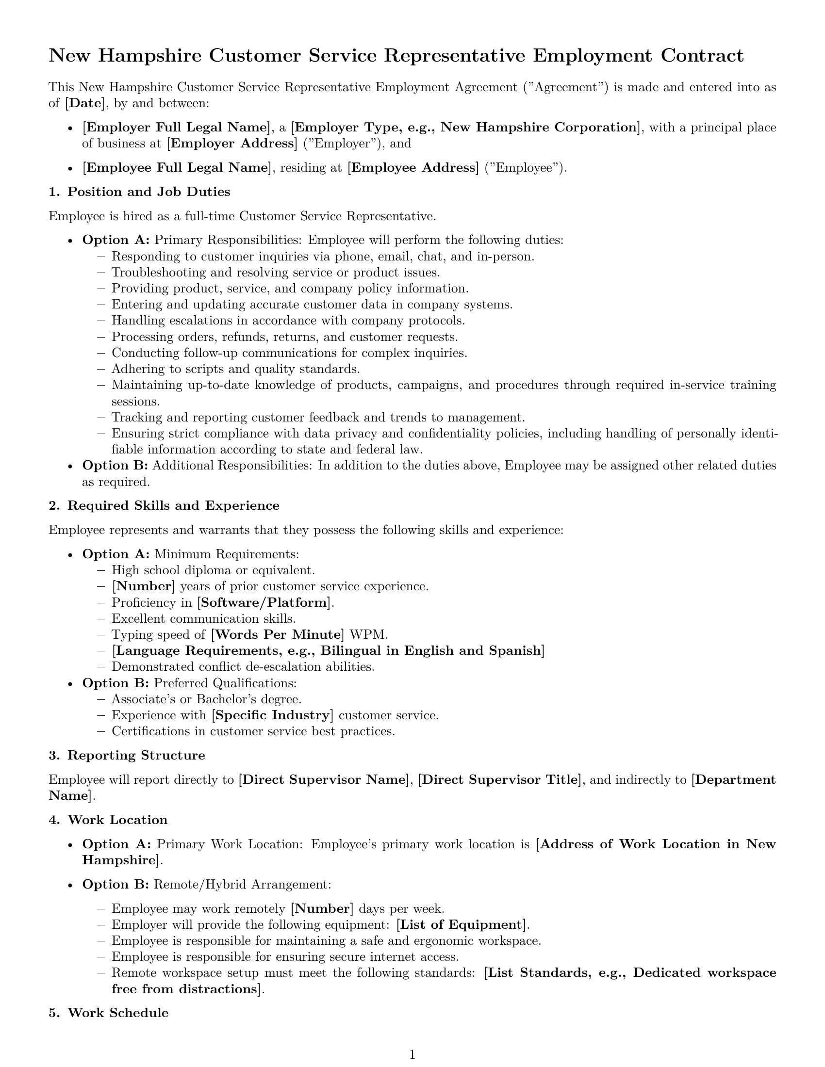 Preview page 1 of Free New Hampshire customer service representative employment contract template