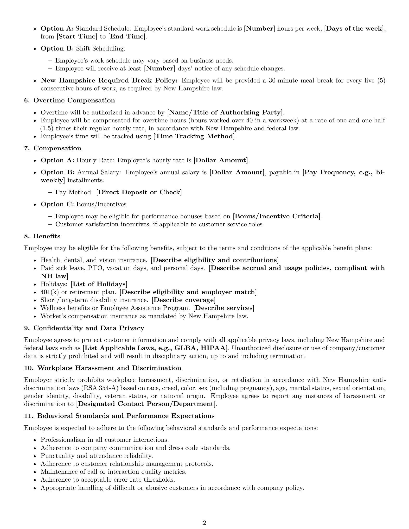 Preview page 2 of Free New Hampshire customer service representative employment contract template