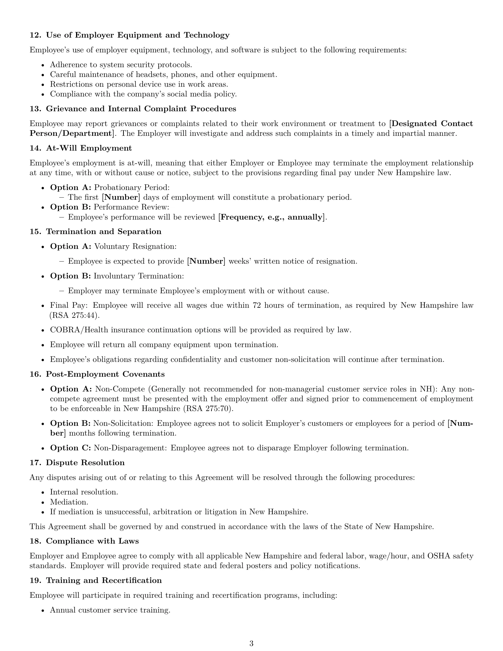 Preview page 3 of Free New Hampshire customer service representative employment contract template