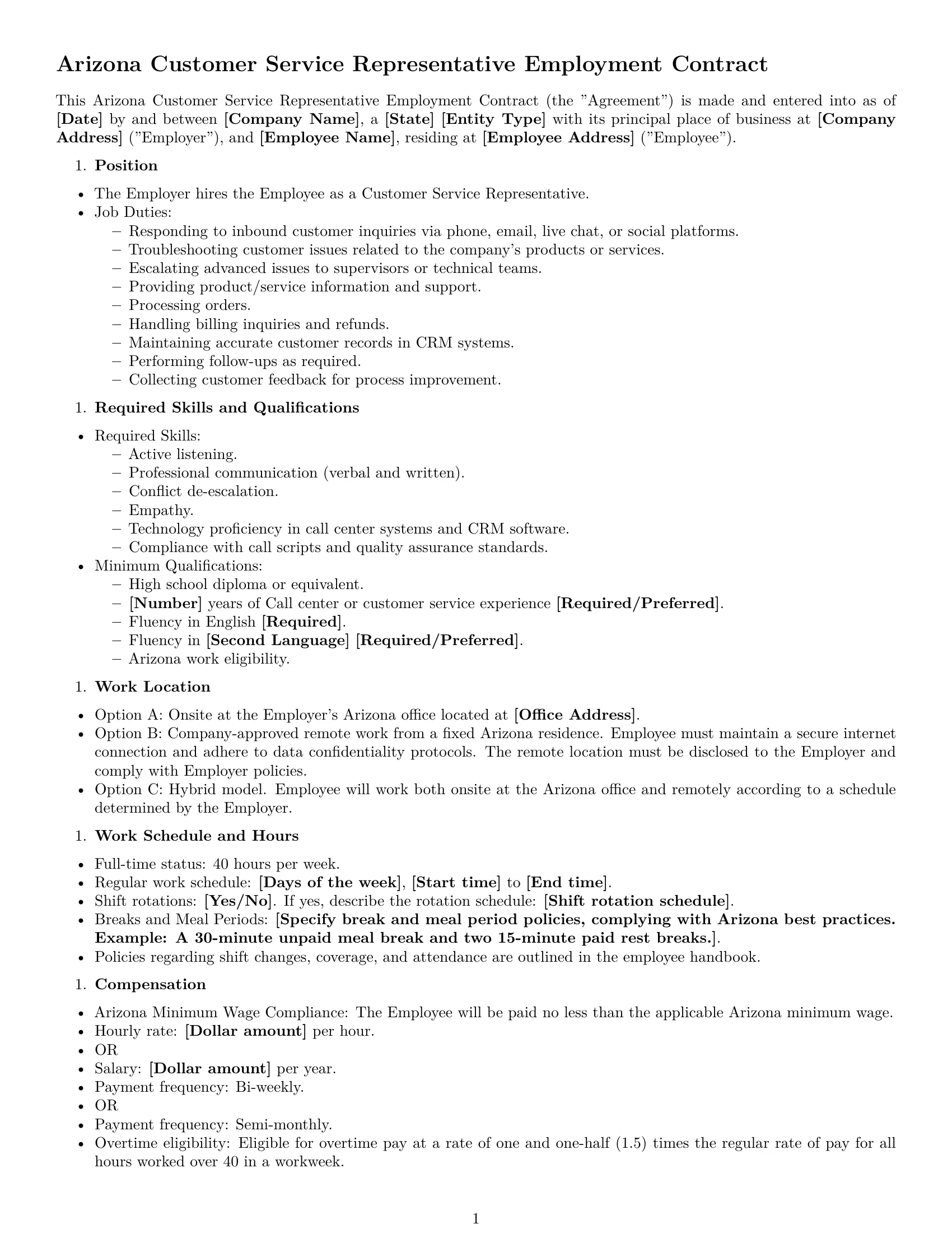 Preview page 1 of Free Arizona customer service representative employment contract template