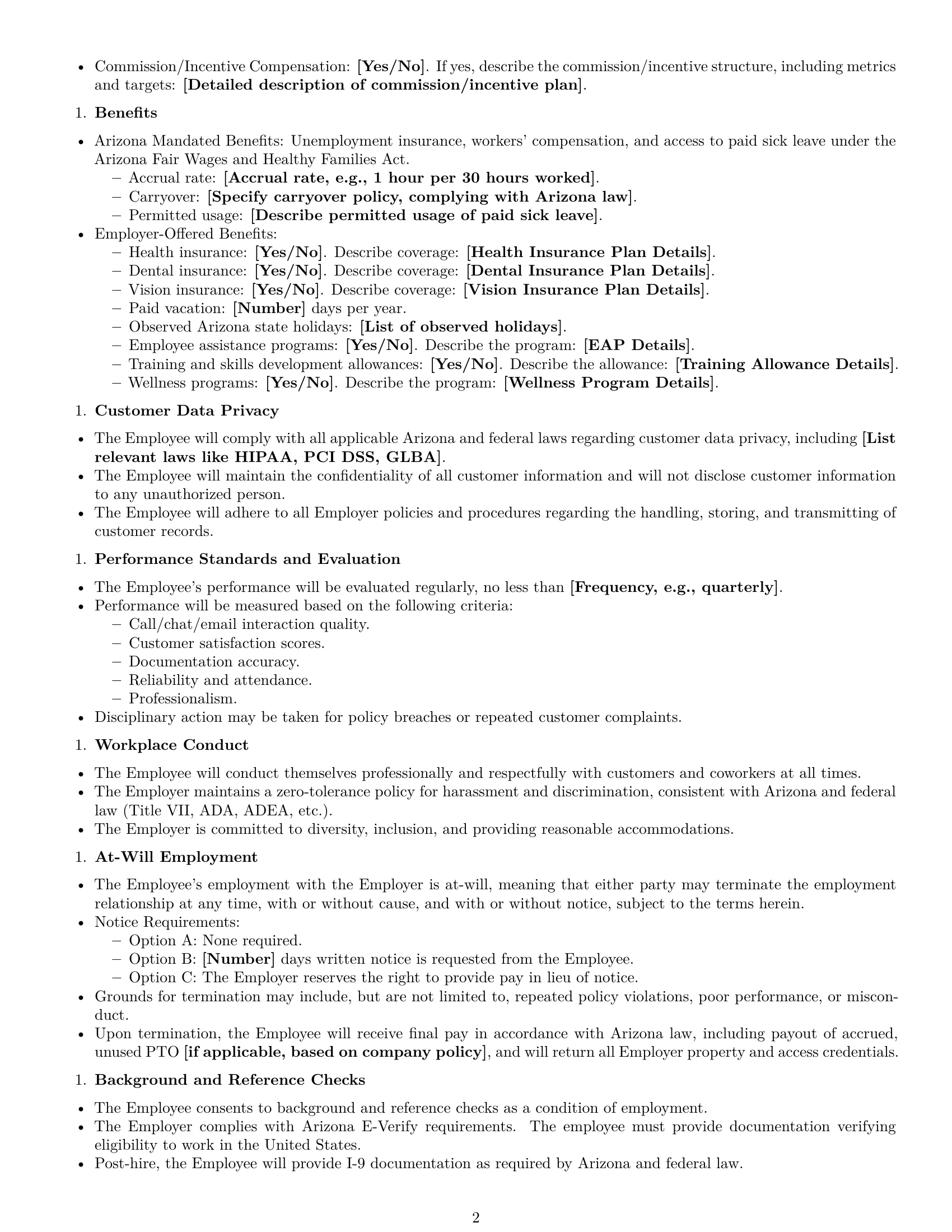 Preview page 2 of Free Arizona customer service representative employment contract template