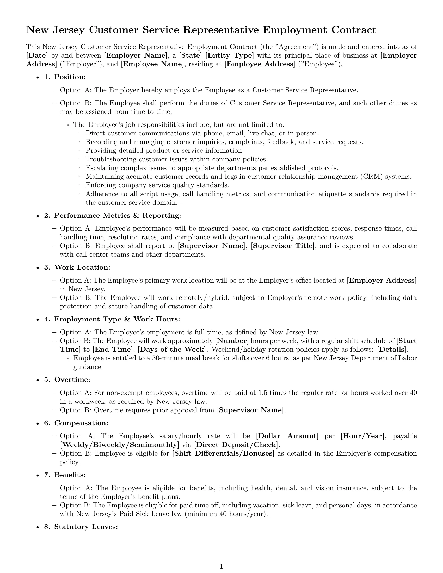 Preview page 1 of Free New Jersey customer service representative employment contract template
