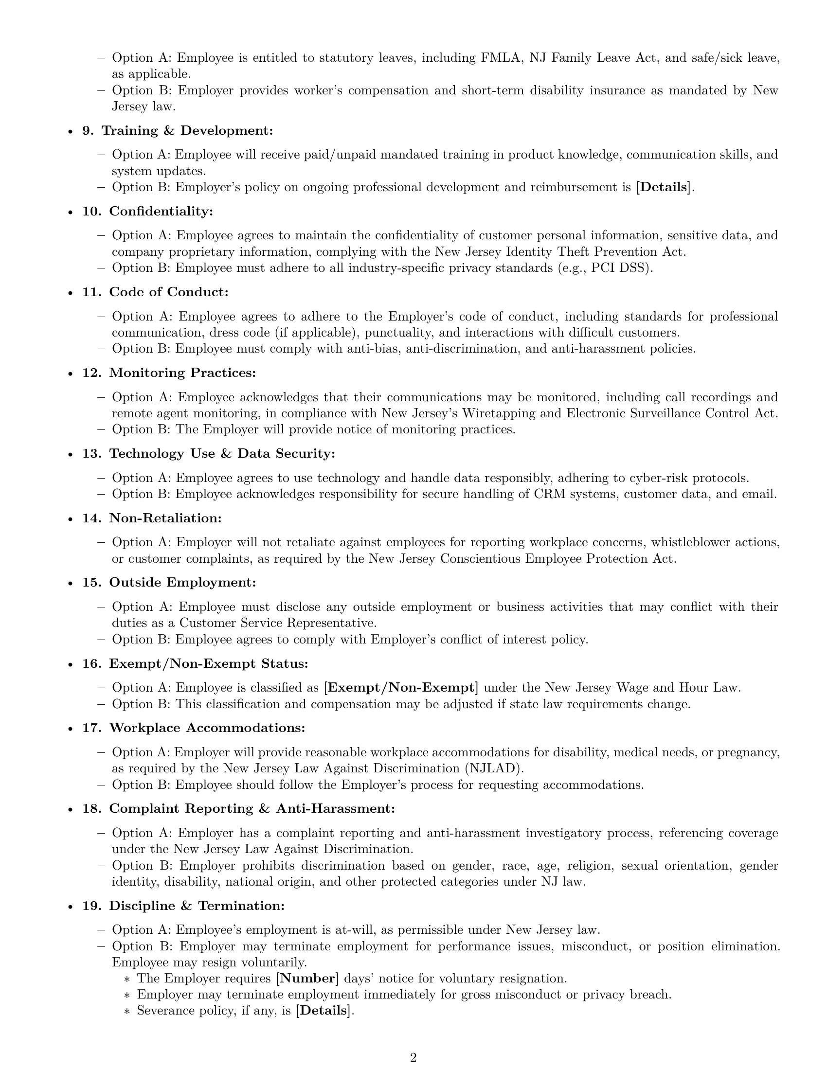 Preview page 2 of Free New Jersey customer service representative employment contract template