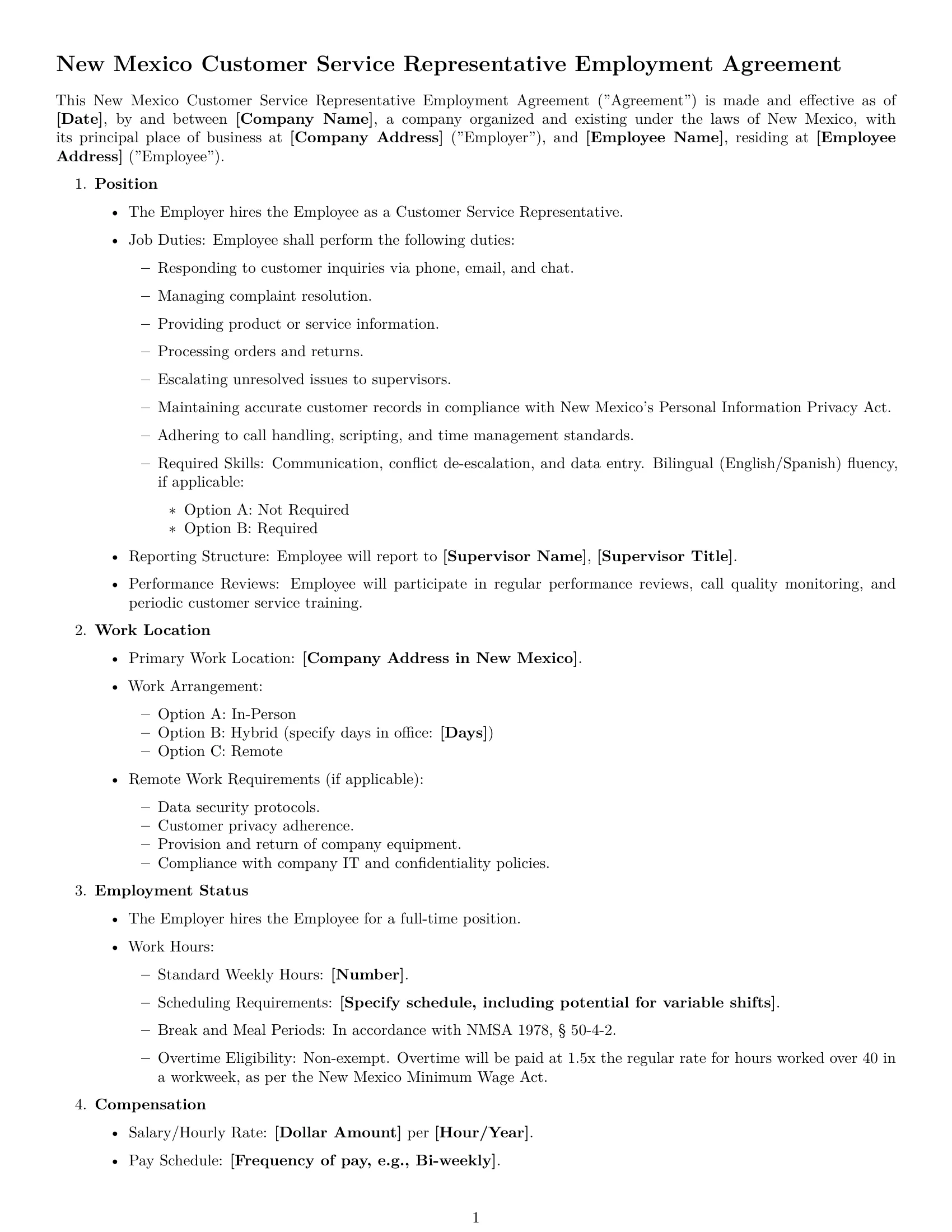 Preview page 1 of Free New Mexico customer service representative employment contract template