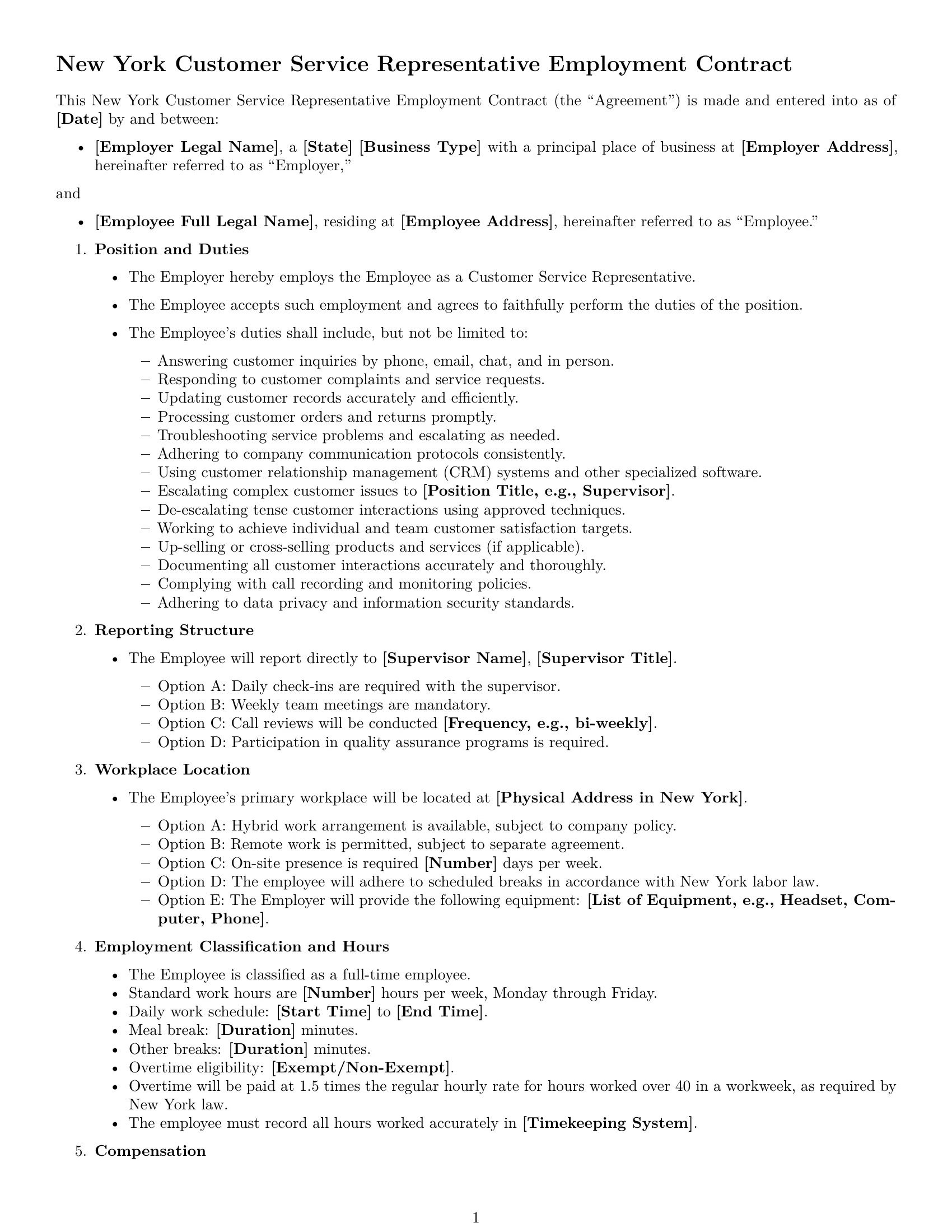 Preview page 1 of Free New York customer service representative employment contract template