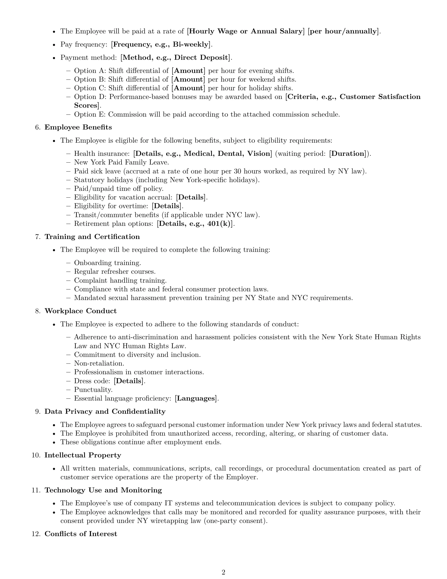 Preview page 2 of Free New York customer service representative employment contract template