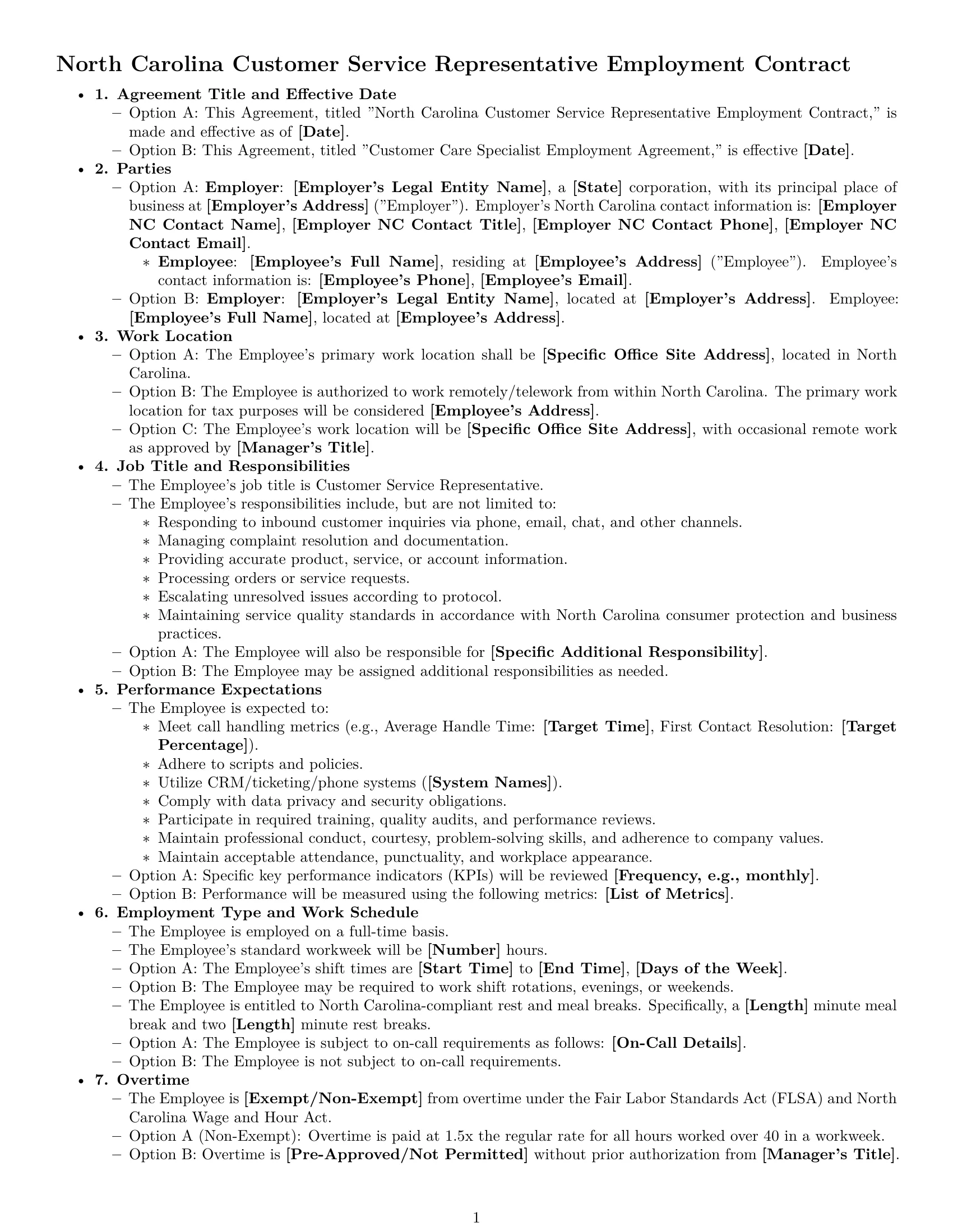 Preview page 1 of Free North Carolina customer service representative employment contract template