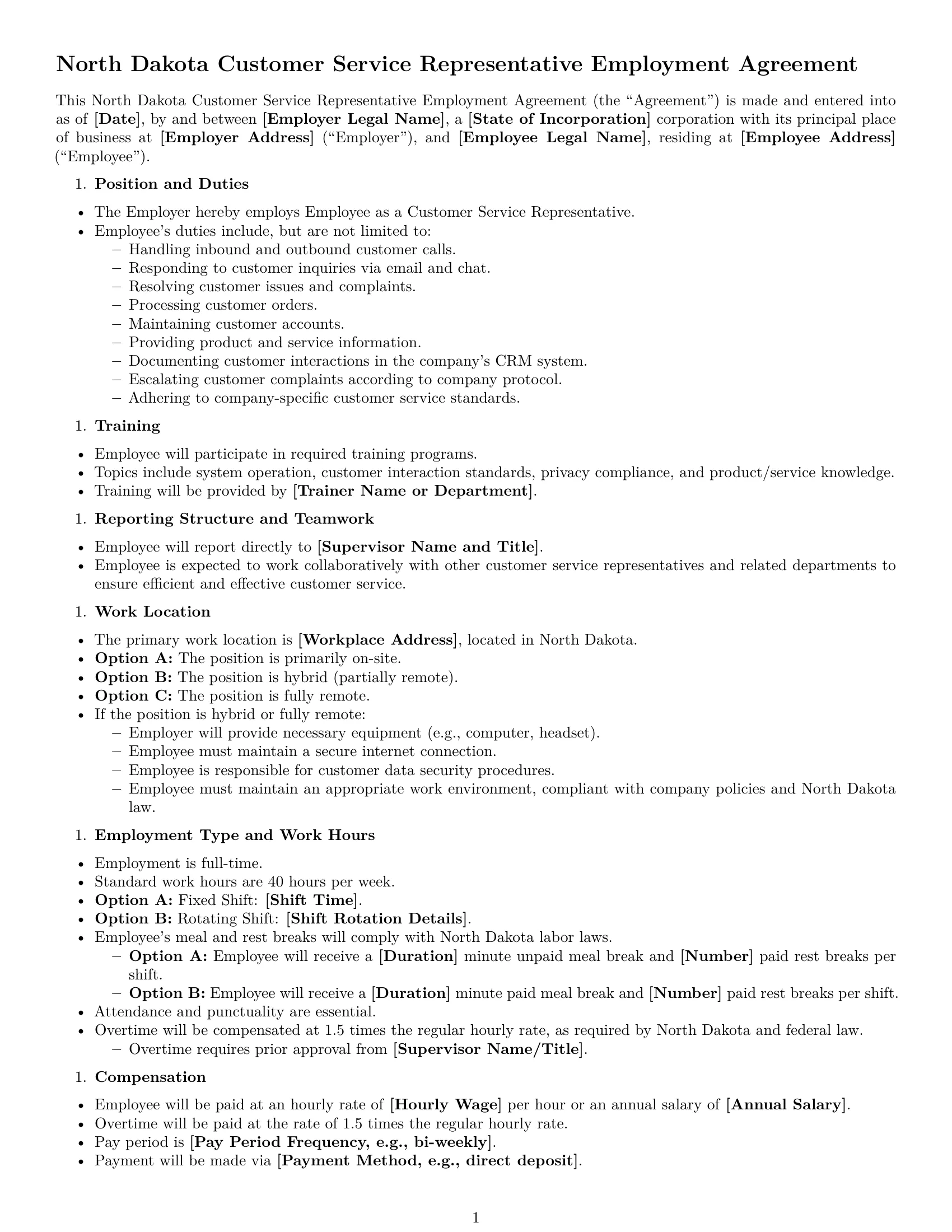 Preview page 1 of Free North Dakota customer service representative employment contract template