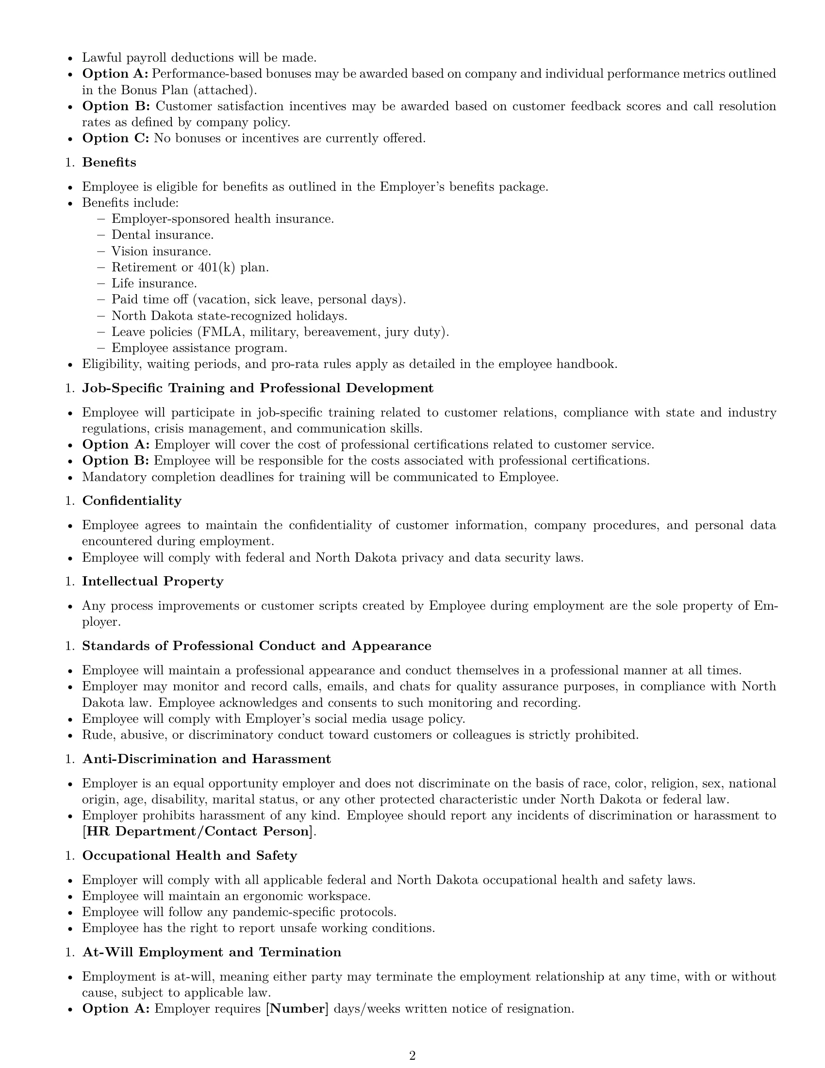 Preview page 2 of Free North Dakota customer service representative employment contract template