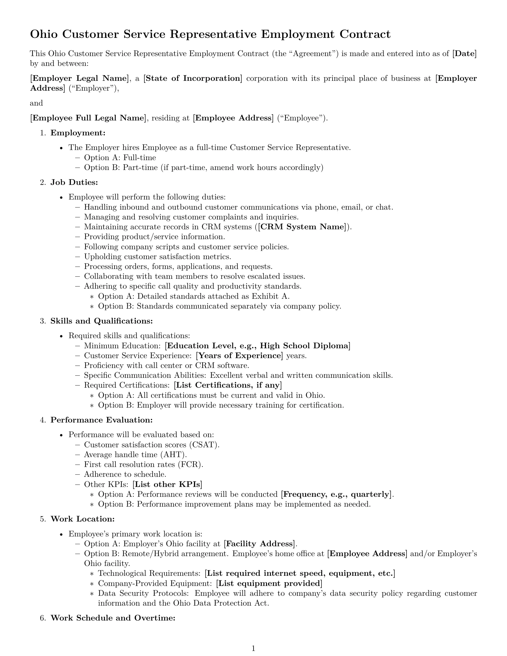 Preview page 1 of Free Ohio customer service representative employment contract template