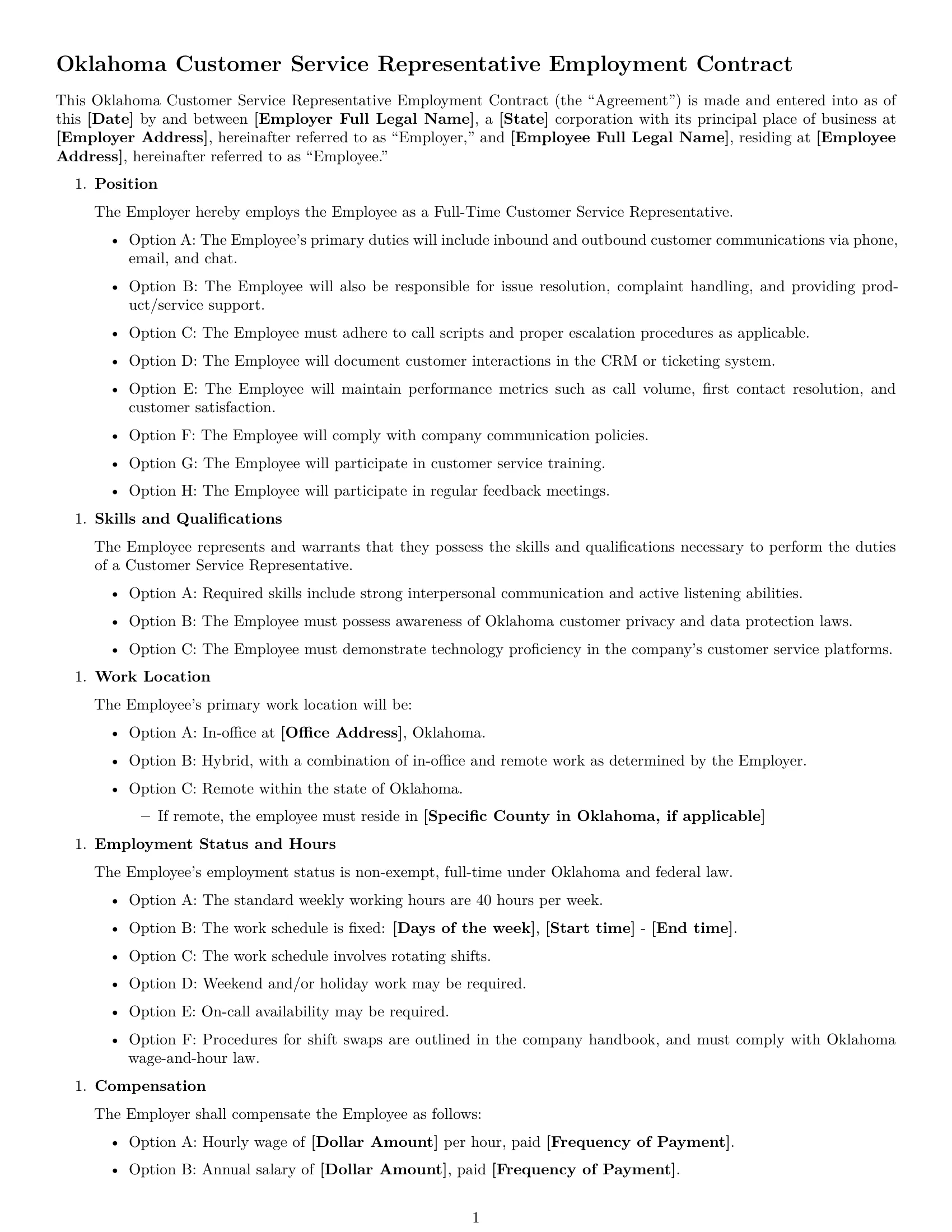 Preview page 1 of Free Oklahoma customer service representative employment contract template