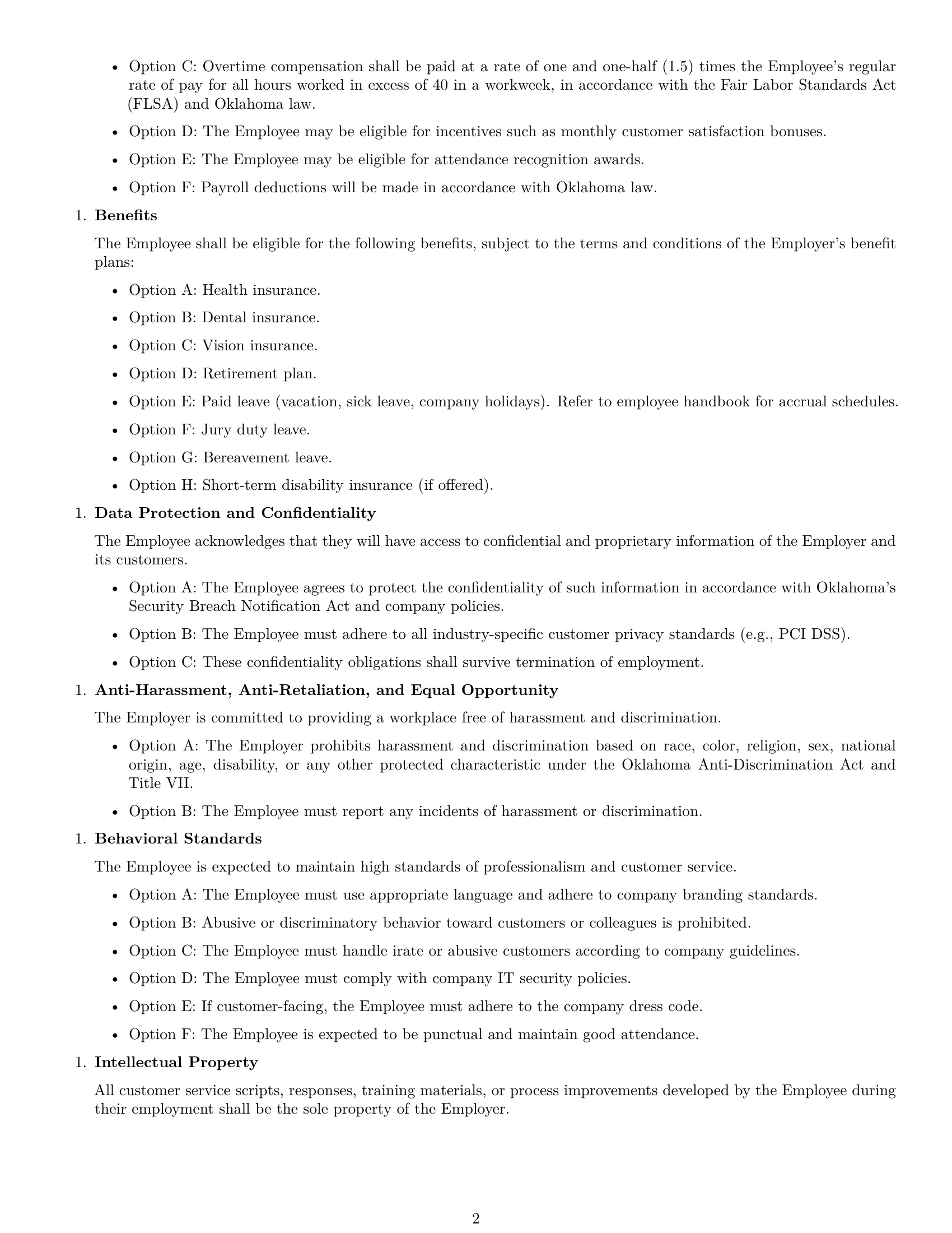 Preview page 2 of Free Oklahoma customer service representative employment contract template