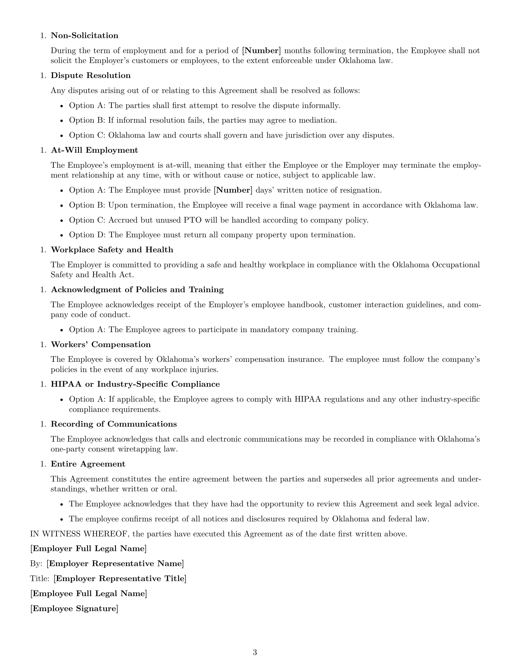 Preview page 3 of Free Oklahoma customer service representative employment contract template