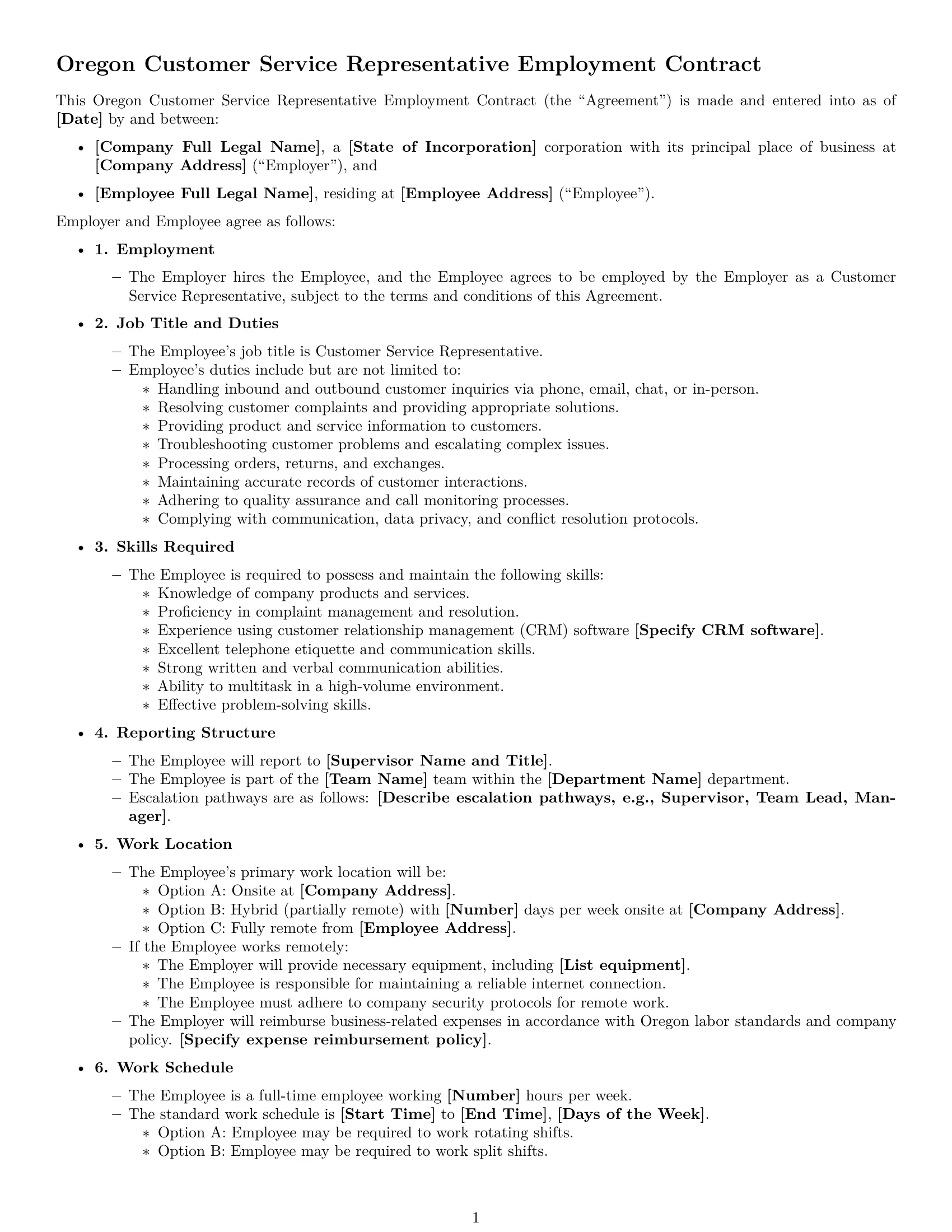 Preview page 1 of Free Oregon customer service representative employment contract template