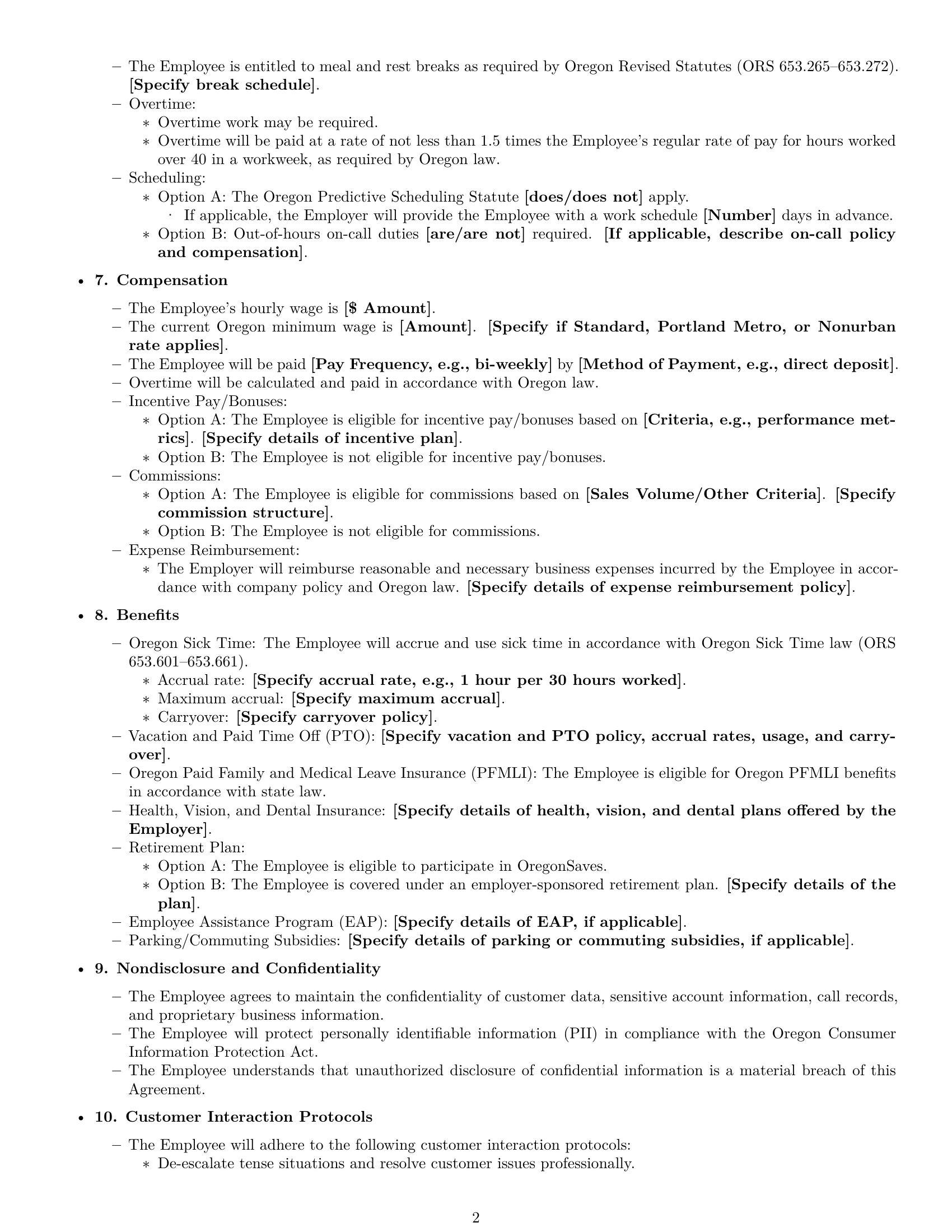 Preview page 2 of Free Oregon customer service representative employment contract template