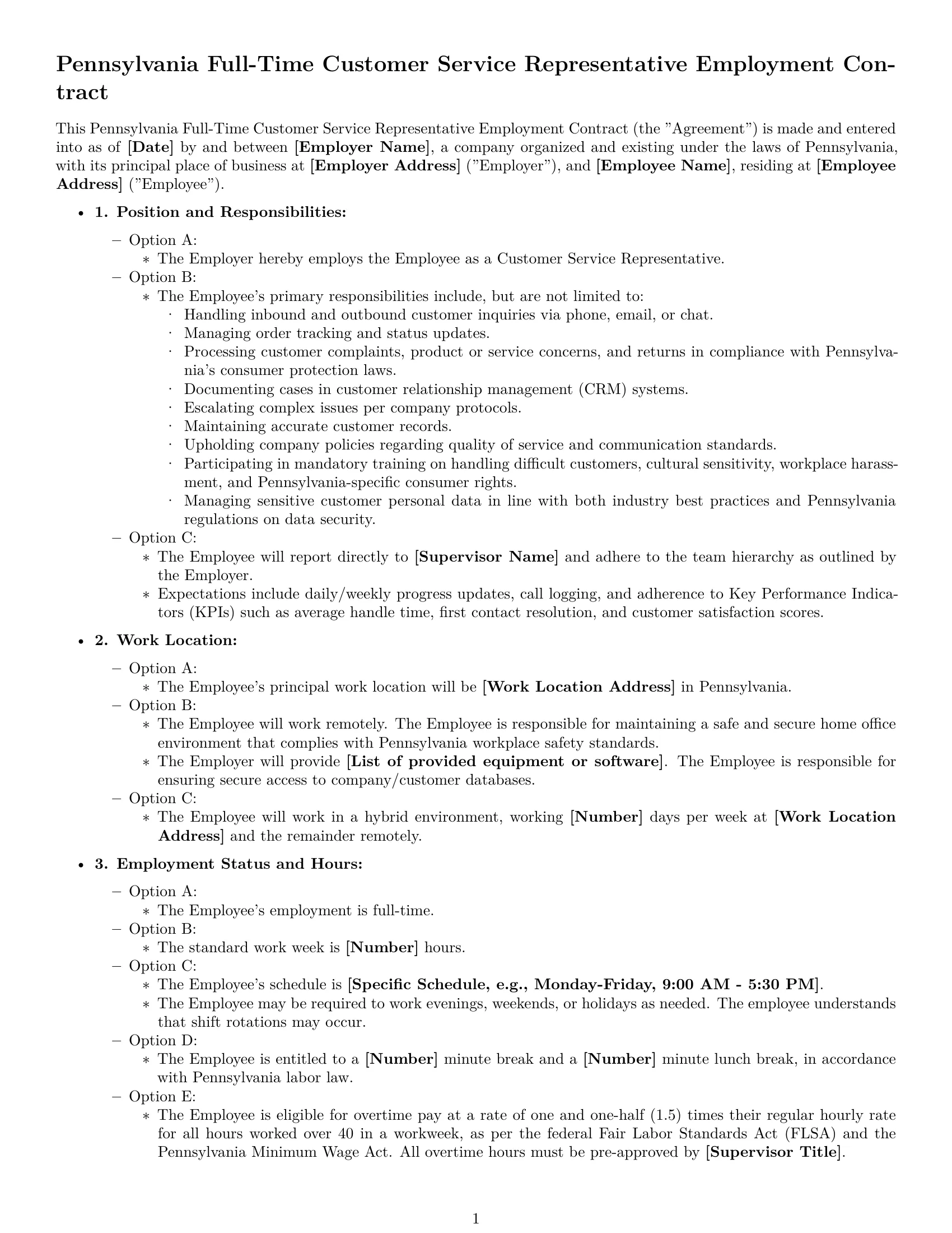 Preview page 1 of Free Pennsylvania customer service representative employment contract template