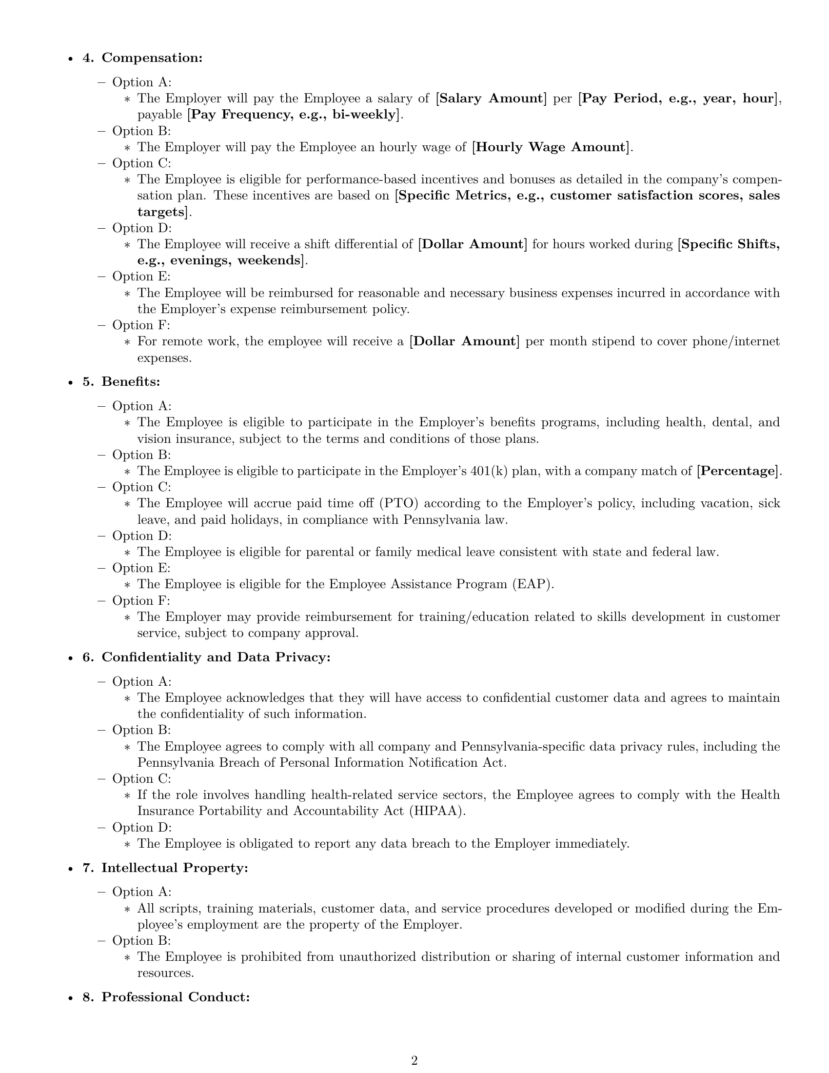 Preview page 2 of Free Pennsylvania customer service representative employment contract template