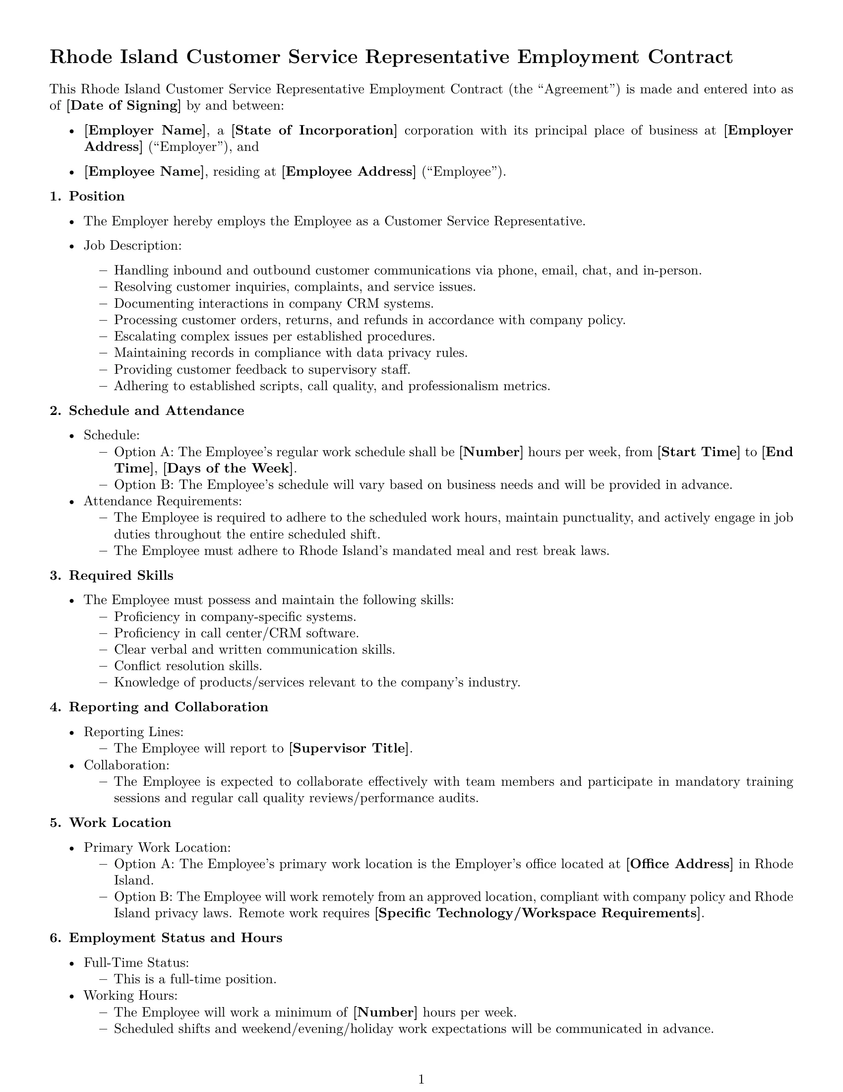 Preview page 1 of Free Rhode Island customer service representative employment contract template